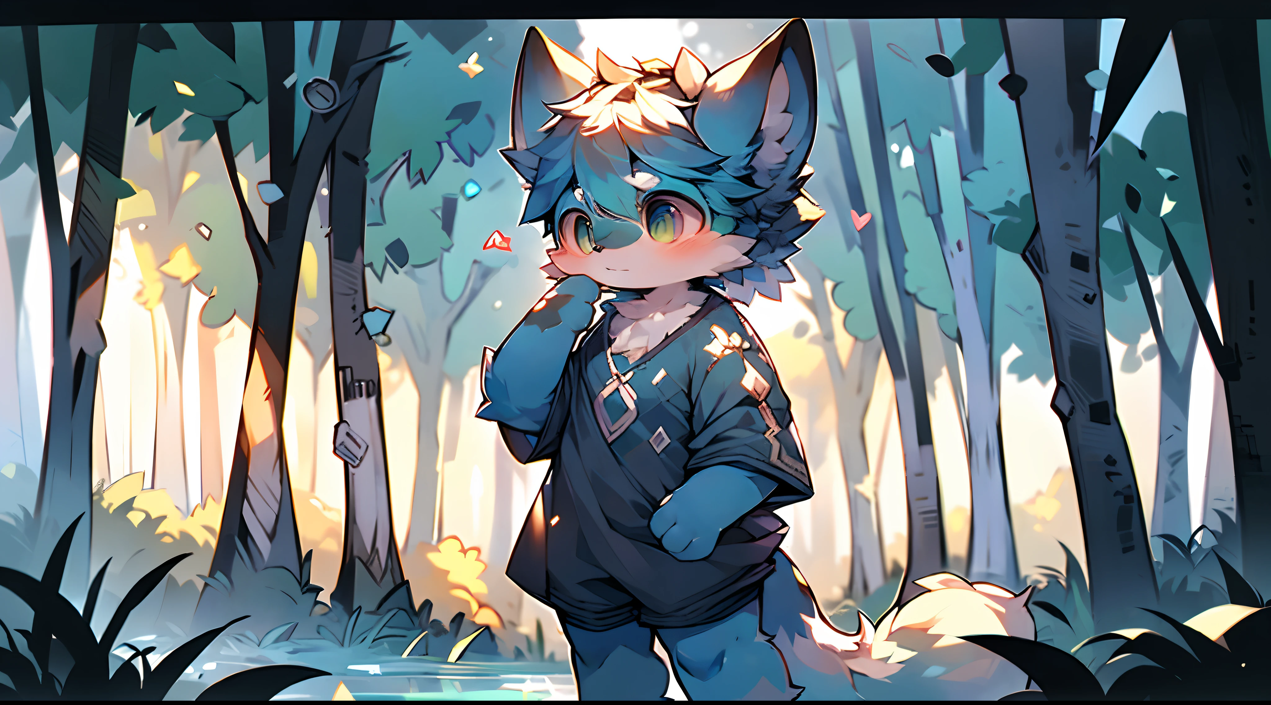 (Dark environment: 0.8), Masterpiece, HD, Depth of field, woodland, waterfall, stream, butterfly, fluorescent, clean water, flowers, bushes, moss, furry boy, canine boy, full blue fur, black hair, male summer clothes, fluffy tail, amber eyes, humanoid focus