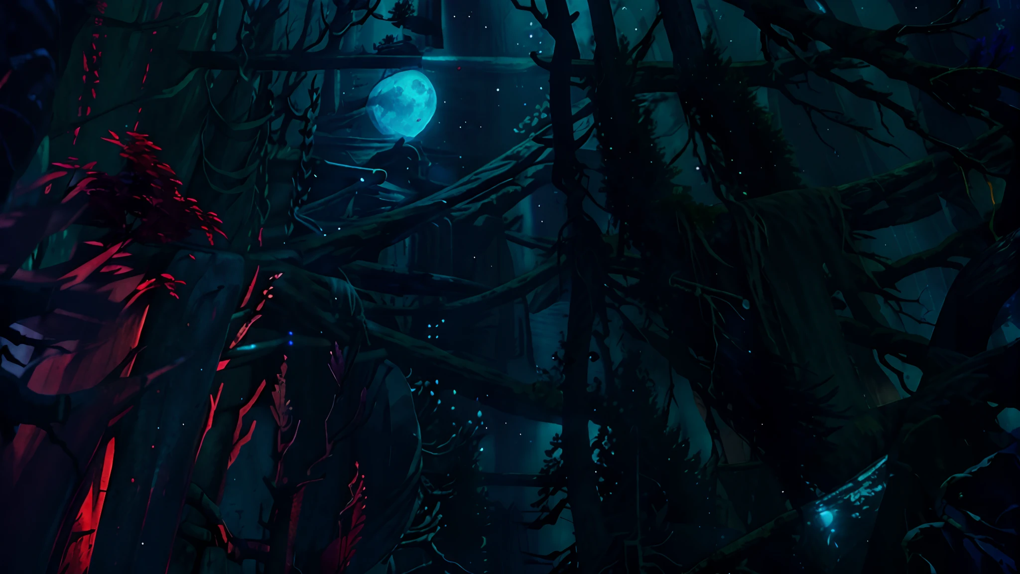 Background,  night,  moon, moonlight,  blood moon, forests, good illumination, enchanted forest lighting, blue wildfire, firelight.