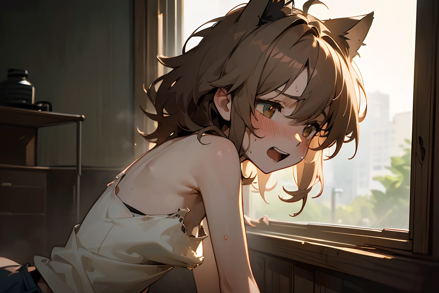 (Masterpiece, dark midnight)), 8K, face-up portrait, from side, (very messy hair, very sweaty, slightly exposed nipples, tattered and torn dirty white-camisole, Slender small breasts, open mouth, blush and sad smile face), Textured skin, cat ears, pale brown hair, Cute Beautiful girl, look out window, slum