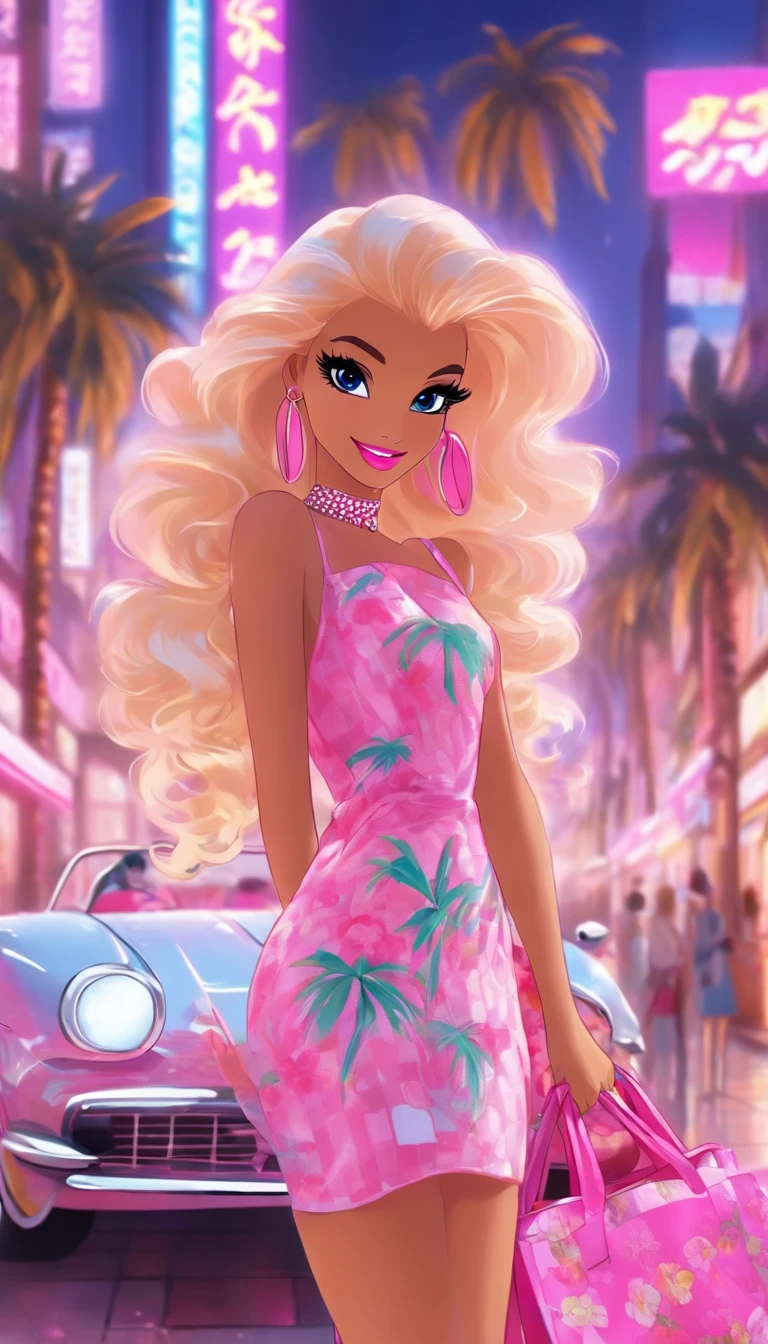 Make another scene with the same style, Barbie is now outside the perfume shop, Now she holds a perfume shop bag, She was about to get in the car, Her car is a C1 Corvette, Pink and white, C1 Corvette, She wore a pink and white checkered dress,The background shows a city of 80 California, There are palm trees and a lot of pink flowers.