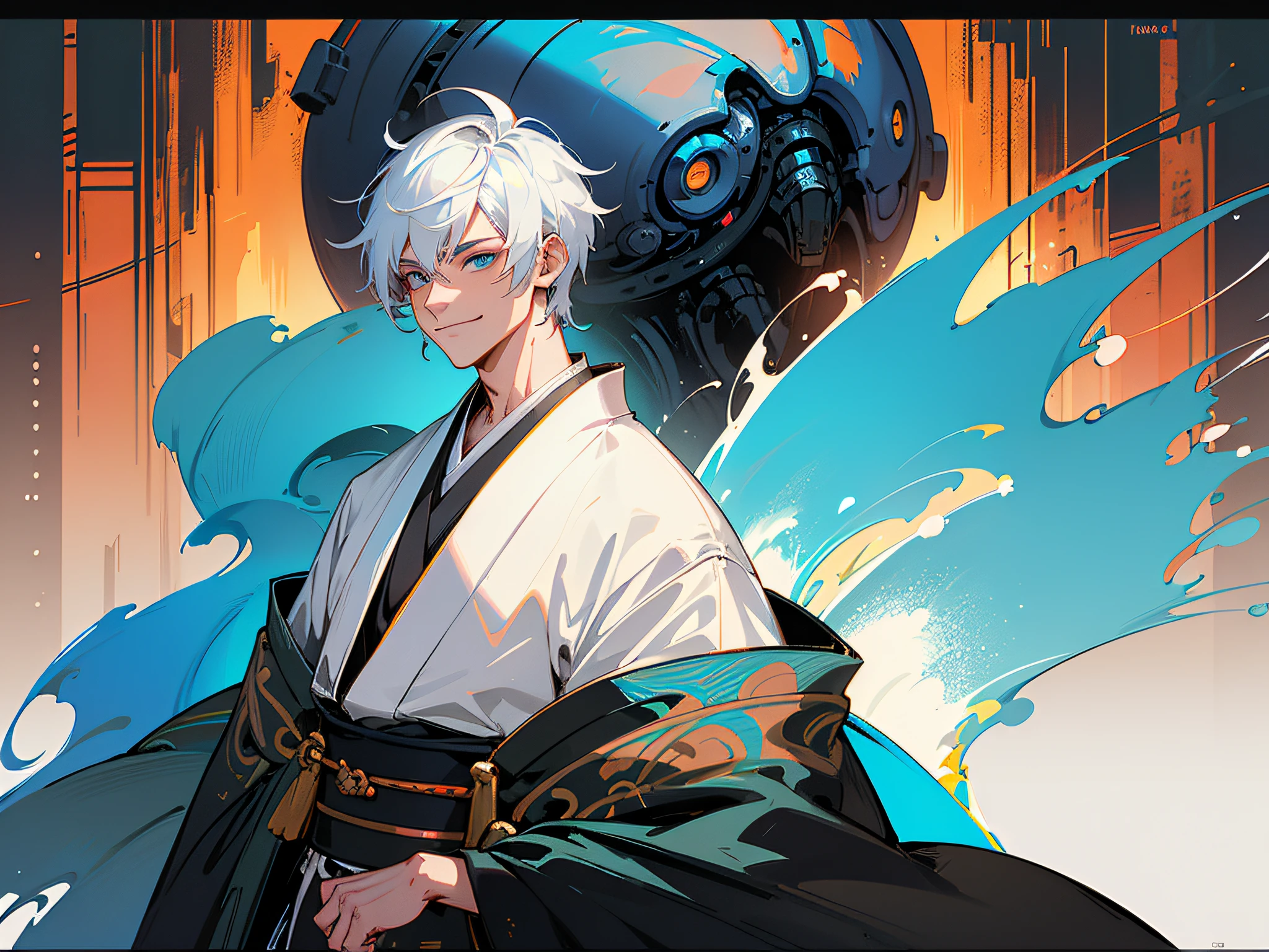 Male Cyberpunk,  dark backgrounds, Clean design, epic instagram, art  stations, Splash of colorful paint, silhuette, hyper detailed intricate details, Unreal Engine, Fantasy, intricate detailes, Welcome screen, Complementary color scheme, Fantasy concept art, 8 K resolution, De Biantato's masterpiece, Painting oil painting, heavy strokes, Paint Drip, (isolated on white: 1.3), rainbow skin, (((Handsome young man))), ((youthfulness: 1.5) ), (bright blue eyes), ((Bright eye)), (((((short white-hair: 1.1))), ((Black clothe)), (Prince\\(Smiling expression\\),, ( (((He wears a luxurious kimono with details))), white  hair, (breastsout) --v 6