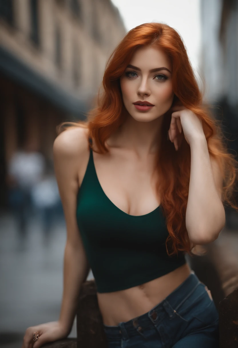 professional, (4k photo:1.1) (Sharp focus:1.3), high detail, wearing (tight shirt:1.2), beautiful detailed face, an attractive woman with long red hair looks into the camera, looking like actress Katherine McNamara, panasonic lumix s pro 50mm f/1.4, dark orange and dark emerald, ferrania p30, photo realistic, (attractive young woman:0.8), (seductive:1.3), (blushing:1.1), hourglass body shape, big round breasts, wide hips, in background city