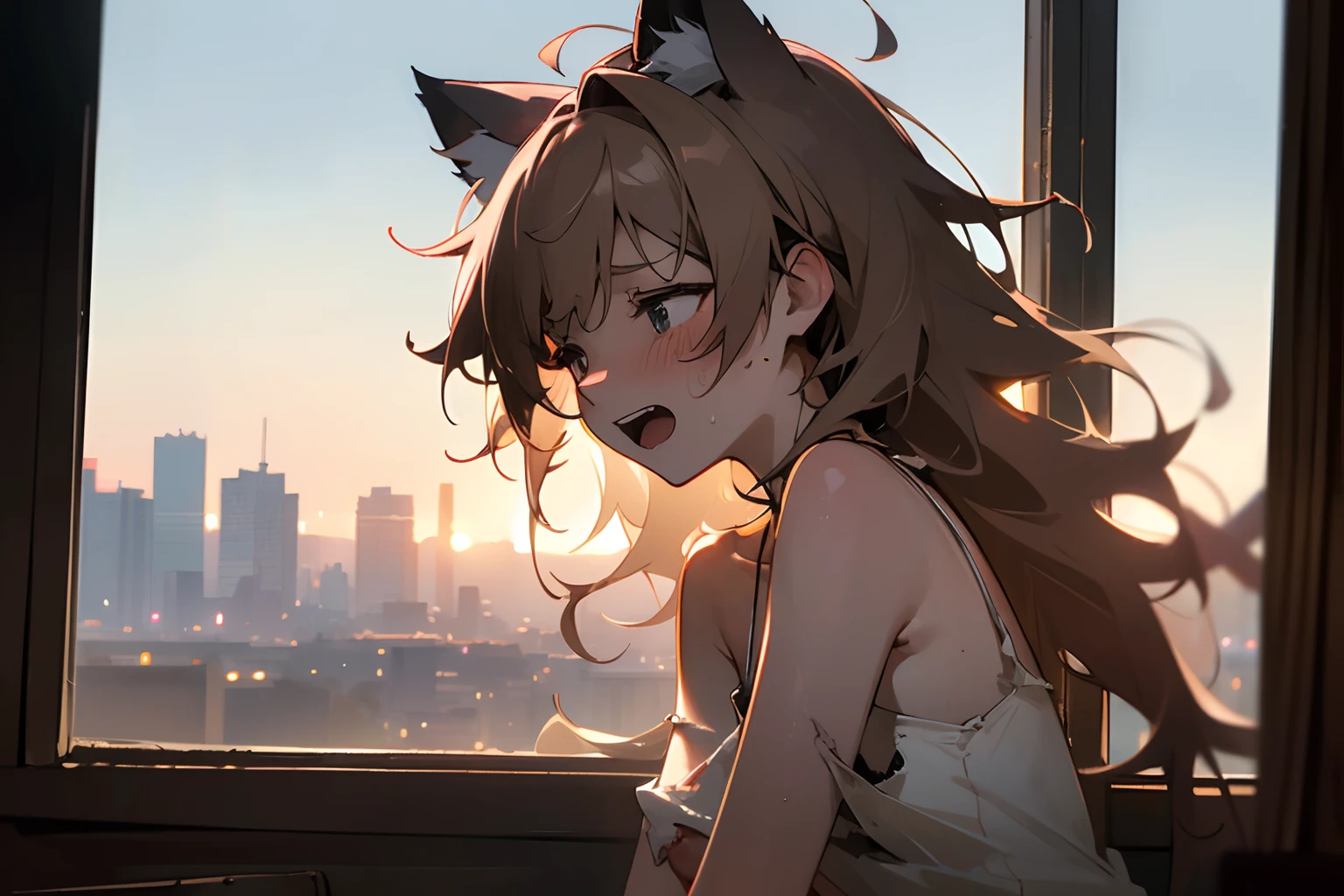 ((Masterpiece, nightscape)), 8K, face-up portrait, from side, (very messy hair, very sweaty, slightly exposed nipples, tattered and torn dirty white-camisole, Slender small breasts, open mouth, blush and sad smile face, nightscape), Textured skin, cat ears, pale brown hair, Cute Beautiful girl, look out window, slum nightscape