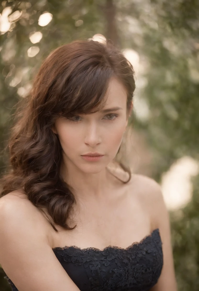 8k, best quality, masterpiece, highly detailed, semi realistic, a girl, a girl, 20 years old, looking at camera, long dark brown hair with bangs, curly hair, green eyes, black Russian style cut clothes, white pants, bare shoulders, golden details, thin figure, cold expression, battle scenes, outdoors, forest background, with many trees and dark sky, close-up portreit