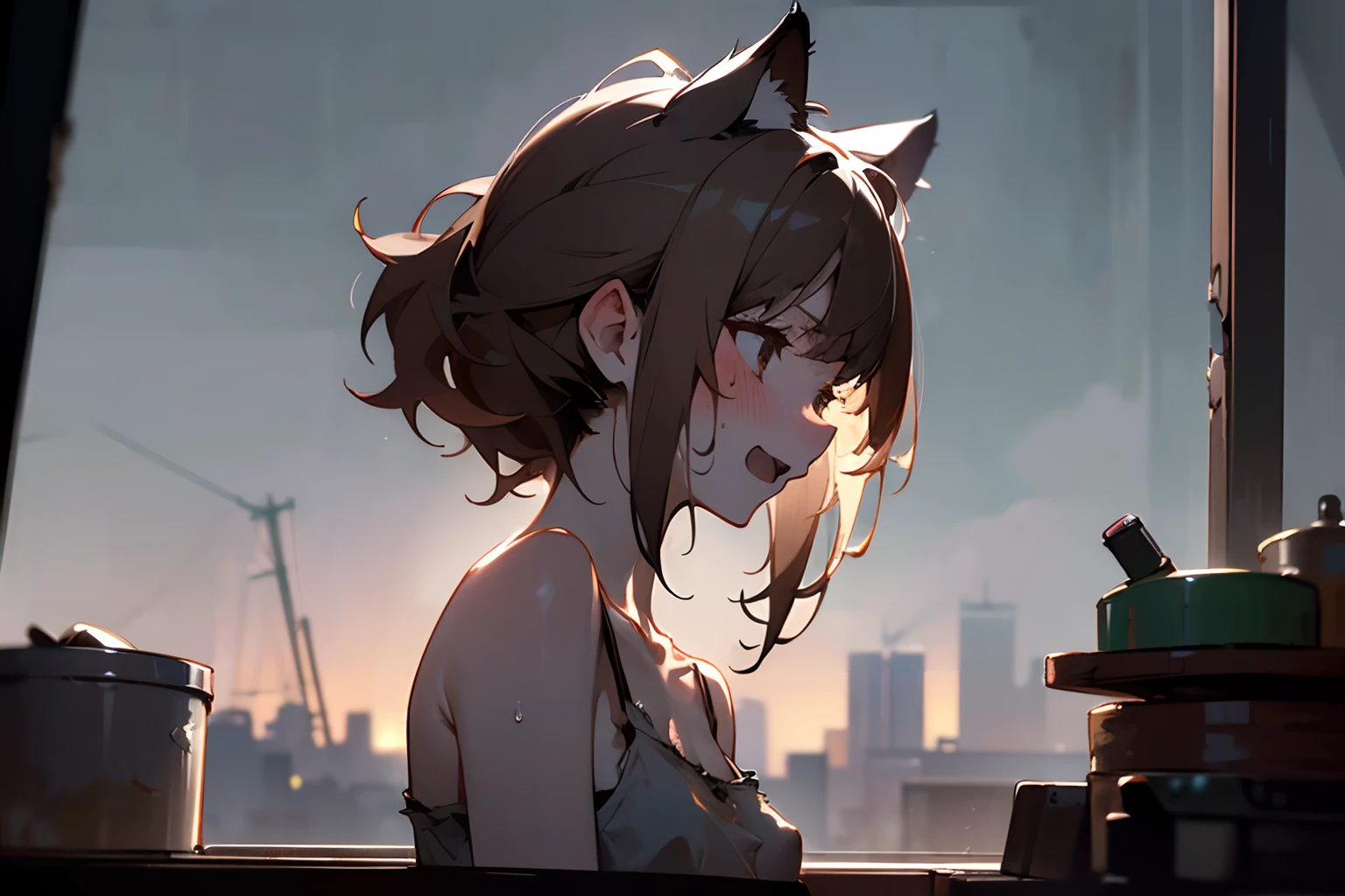 ((Masterpiece, nightscape)), 8K, face-up portrait, from side, (very messy hair, very sweaty, slightly exposed nipples, tattered and torn dirty white-camisole, Slender small breasts, open mouth, blush and sad smile face, nightscape), Textured skin, cat ears, pale brown hair, Cute Beautiful girl, look out window, slum nightscape