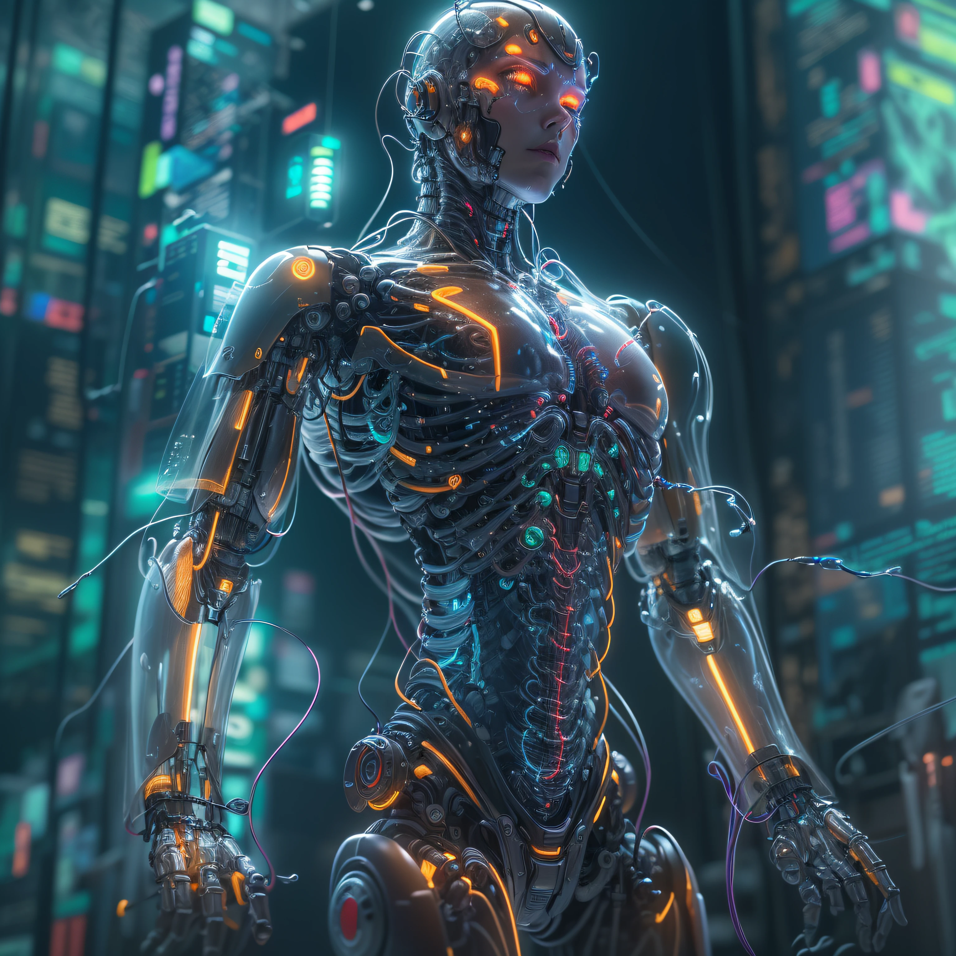 (Cinematic Photo, Maximum realism), (CG 8k wallpapers are extremely detailed, Masterpiece, Best Quality, Ultra-detailed), ((Transparent cyborg made of transparent plastic, All internal parts and mechanism are visible, Prominent glowing wires, Bright neon liquid flows through transparent tubes)), (Humanoid cyborg), In the background is a large window from which you can see the Steel Forest