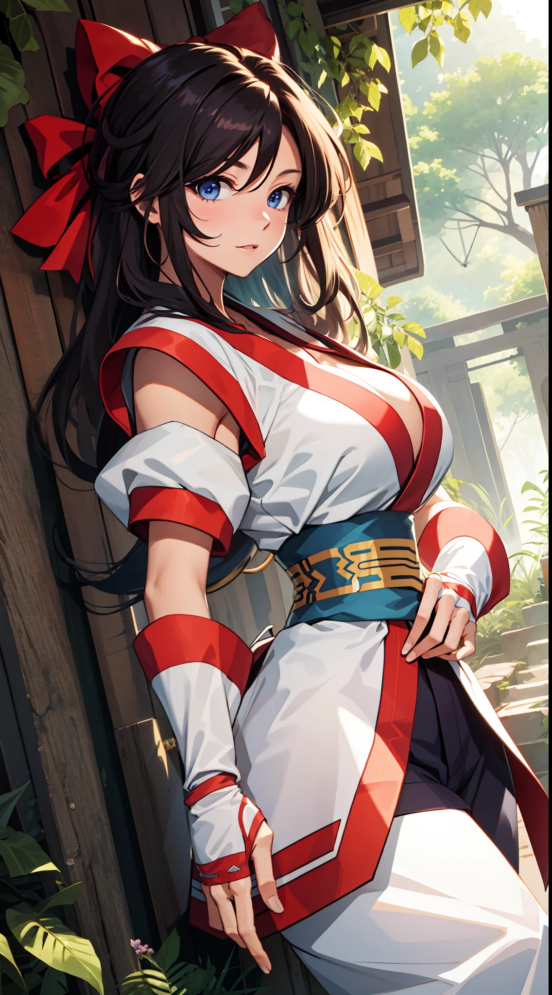 （tmasterpiece，best qualtiy，A high resolution，Large breasts，cleavage，统一 8k 壁纸，Extremely detailed CG：1），（illustratio：1.0），1girl，solo，nakorurums，Bow knot，shairband，ainu clothes，Fingerless gloves，short- sleeved