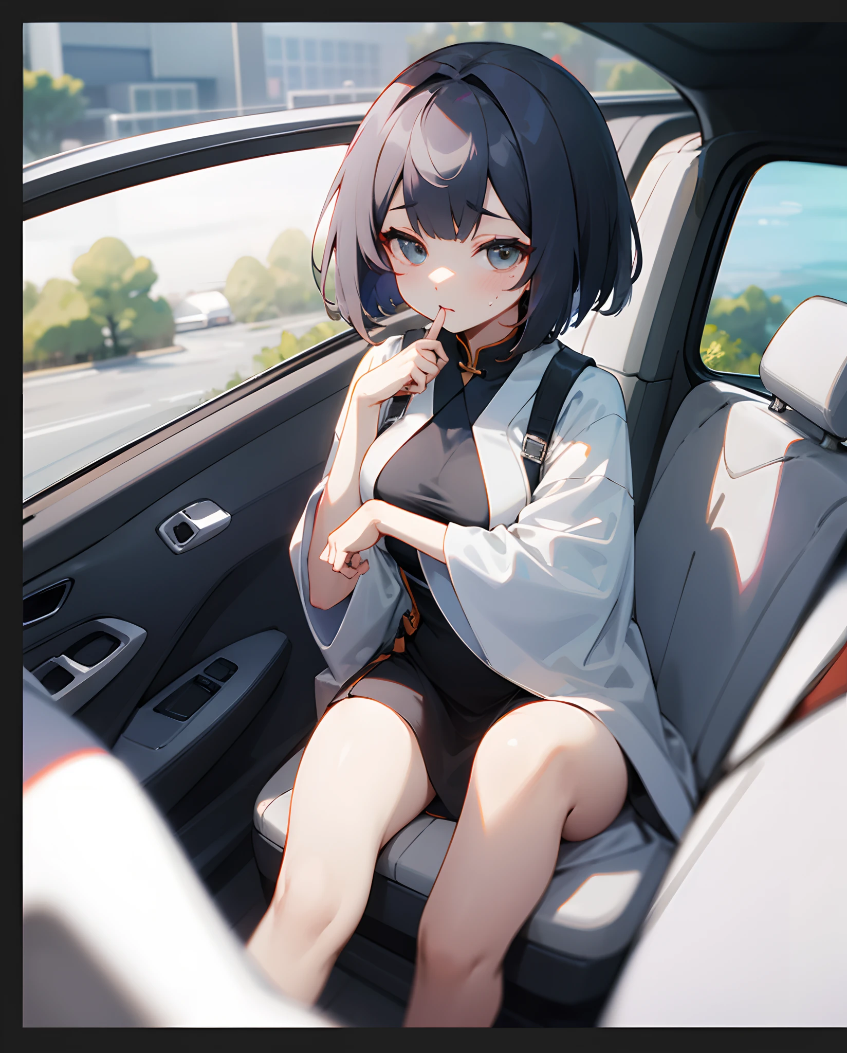 [(Beautiful young girl) (short black hair) (blue eyes) (flat chest) (small breasts)]  ([high Definition] [correct anatomy]):  (inside of a car) (sitting) (wearing skirt) (front of her perspective) (no panties) (visible vagina) 