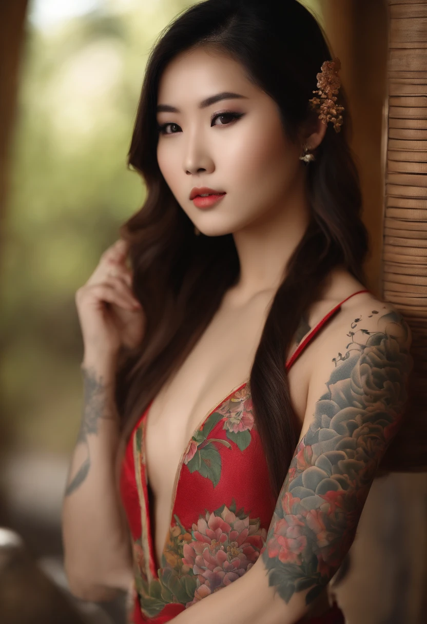 A Girl, Full body shot of young beautiful Japanese woman, long straight hair, ((elegant traditional flower tattooed all over her body)), (intricate details of tattoo), she wears only a Japanese Fundoshi, No underware, No bra, magnificent background, miraculous, ((perfect face)), small face, small head, (beautiful detailed eyes), symmetrical eyes, (8K, photo, masterpiece), (best quality), (best shadows), (best illustrations), ultra high resolution, 8K wallpaper, physics-based rendering, photo, realistic, realism, high contrast, hyper realism, photo, f1. 6 lens, extreme colors, hyper realism, realistic texture, (Cinestill 800), (detailed face, ) Weapons, Flames, Glow), nsfw, (Samurai Film Theme: 1.2)