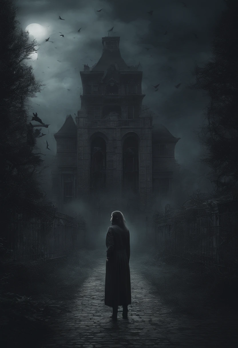 A digital image of a dark and eerie scene using V-Ray. A young woman + a Doberman dog standing in a park alley in front of an old psychiatric hospital building.
 Scene Characteristics: fearful and disturbing atmosphere, with twisted and intertwined plants, ominous clouds or fog, and eerie lighting. Set features: deserted park with an old ominous building that enhance the eerie atmosphere. Creation details: high quality camera, artificial lighting to enhance the gloomy and eerie atmosphere.
References: artists and designers specializing in creating digital art of dark and eerie natural scenes, such as Grzegorz Wronkowski,