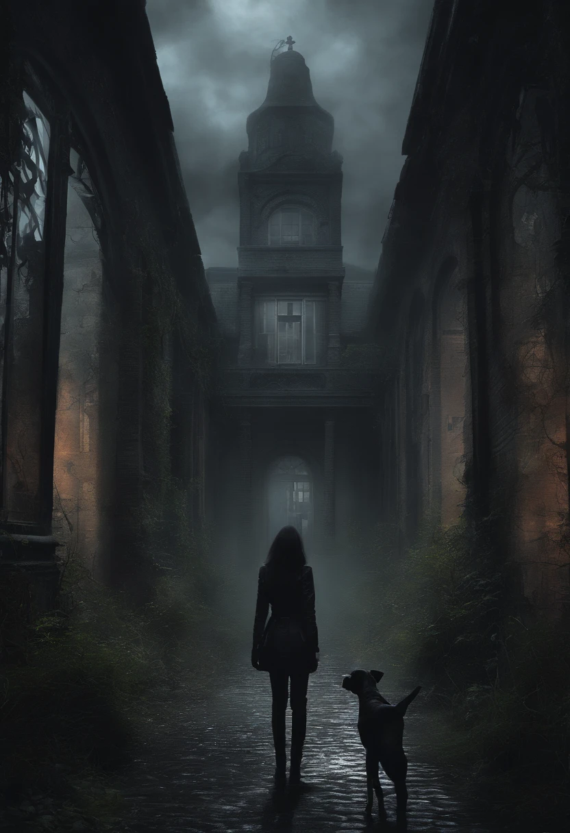 A digital image of a dark and eerie scene using V-Ray. A young woman + a Doberman dog standing in a park alley in front of an old psychiatric hospital building.
Scene Characteristics: fearful and disturbing atmosphere, with twisted and intertwined plants, ominous clouds or fog, and eerie lighting. Set features: deserted park with an old ominous building that enhance the eerie atmosphere. Creation details: high quality camera, artificial lighting to enhance the gloomy and eerie atmosphere.
References: artists and designers specializing in creating digital art of dark and eerie natural scenes, such as Grzegorz Wronkowski,