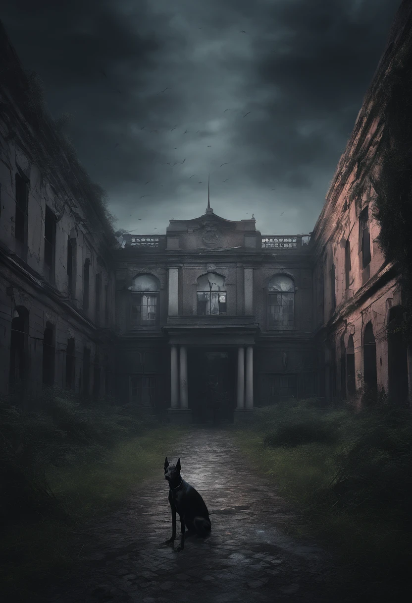 A digital image of a dark and eerie scene using V-Ray. A young woman + a Doberman dog standing in a park alley in front of an old psychiatric hospital building.
 Scene Characteristics: fearful and disturbing atmosphere, with twisted and intertwined plants, ominous clouds or fog, and eerie lighting. Set features: deserted park with an old ominous building that enhance the eerie atmosphere. Creation details: high quality camera, artificial lighting to enhance the gloomy and eerie atmosphere.
References: artists and designers specializing in creating digital art of dark and eerie natural scenes, such as Grzegorz Wronkowski,