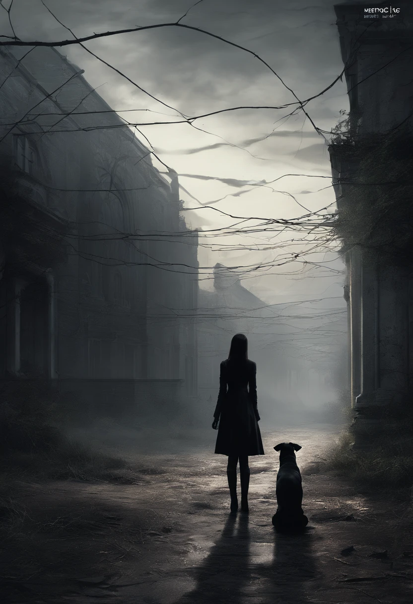 A digital image of a dark and eerie scene using V-Ray. A young woman + a Doberman dog standing in a park alley in front of an old psychiatric hospital building.
Scene Characteristics: fearful and disturbing atmosphere, with twisted and intertwined plants, ominous clouds or fog, and eerie lighting. Set features: deserted park with an old ominous building that enhance the eerie atmosphere. Creation details: high quality camera, artificial lighting to enhance the gloomy and eerie atmosphere.
References: artists and designers specializing in creating digital art of dark and eerie natural scenes, such as Grzegorz Wronkowski,