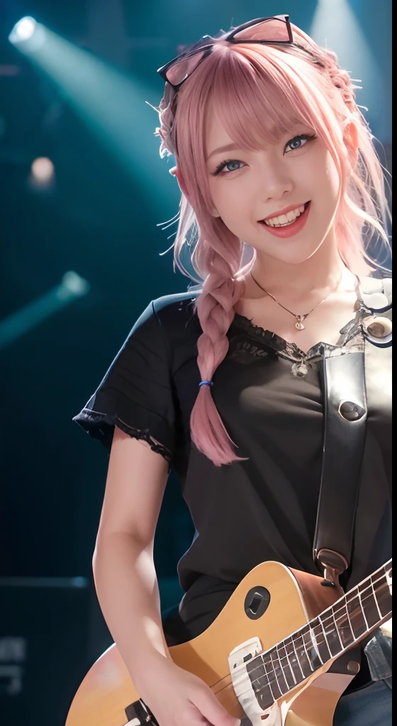 (ultra-detailliert), high-school uniform、Blue eyes,The upper part of the body、a closeup、faces、(A smile:1.5),(facing front:1.2),(masutepiece:1.3, Best Quality, Photorealistic, Ultra-detailed, Finely detailed, High resolution, 8K Wallpaper), 1 beautiful girl, Band Group Vocals,  Singing a song on an electric guitar, Stand Microphone, Mouth open, Beautiful face, Detailed face, Beautiful eyes, Detailed eyes, Looks fun、Smiling, earrings, Necklace, Detailed guitar, (Straight guitar neck and 6 strings), Only 1 person,Pink Hair Medium Hair, (Pink hair), Ear Hair, small tits, Single braid, (Single braid), (Side braid),on a stage, Spotlight, Look at the viewer、small tits