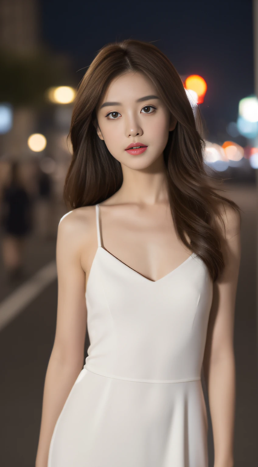 ((Realistic lighting, Best quality, 8K, Masterpiece: 1.3)), Focus: 1.2, 1girl, Perfect Figure: 1.4, Slim Abs: 1.1, ((Dark brown hair)), (White dress: 1.4), (Outdoor, Night: 1.1), City streets, Super fine face, Fine eyes, Double eyelids,