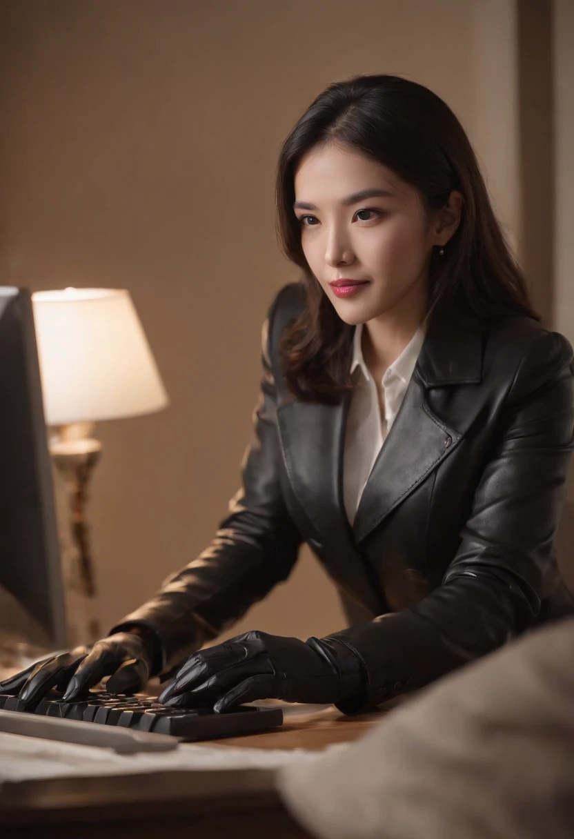 Wearing black leather gloves in both hands, upper body, black business suit, facing the desk in my room with a computer in the dark, tapping the keys of the computer keyboard with the fingertips of black leather gloves while looking at the screen, black hair bundled in the back for a long time, Japanese female new employee (black leather gloves cover both hands) (angle is in the front)