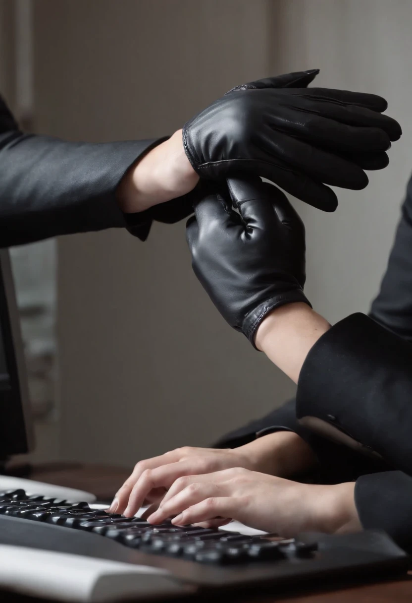 Wearing black leather gloves in both hands, upper body, black business suit, facing the desk in my room with a computer in the dark, tapping the keys of the computer keyboard with the fingertips of black leather gloves while looking at the screen, black hair bundled in the back for a long time, Japanese female new employee (black leather gloves cover both hands) (angle is in the front)