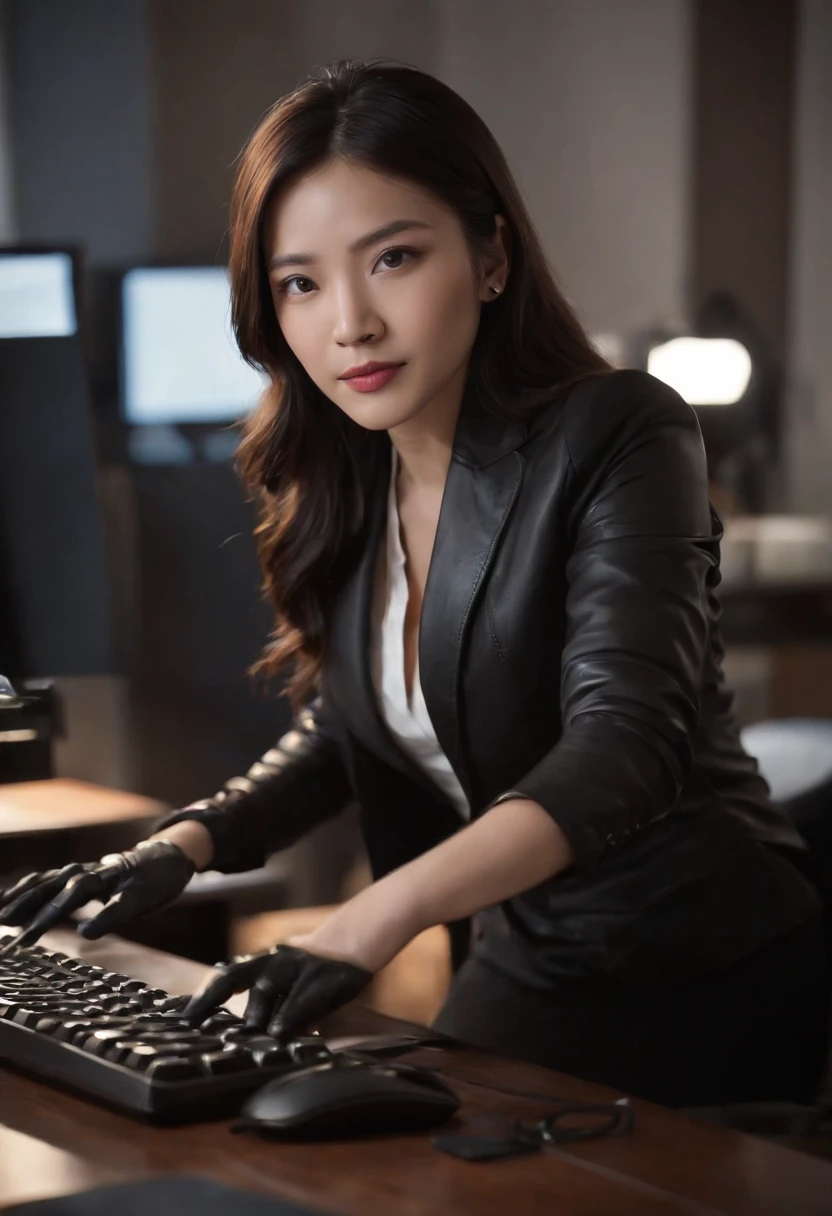 Wearing black leather gloves in both hands, upper body, black business suit, facing the desk in my room with a computer in the dark, tapping the keys of the computer keyboard with the fingertips of black leather gloves while looking at the screen, black hair bundled in the back for a long time, Japanese female new employee (black leather gloves cover both hands) (angle is in the front)