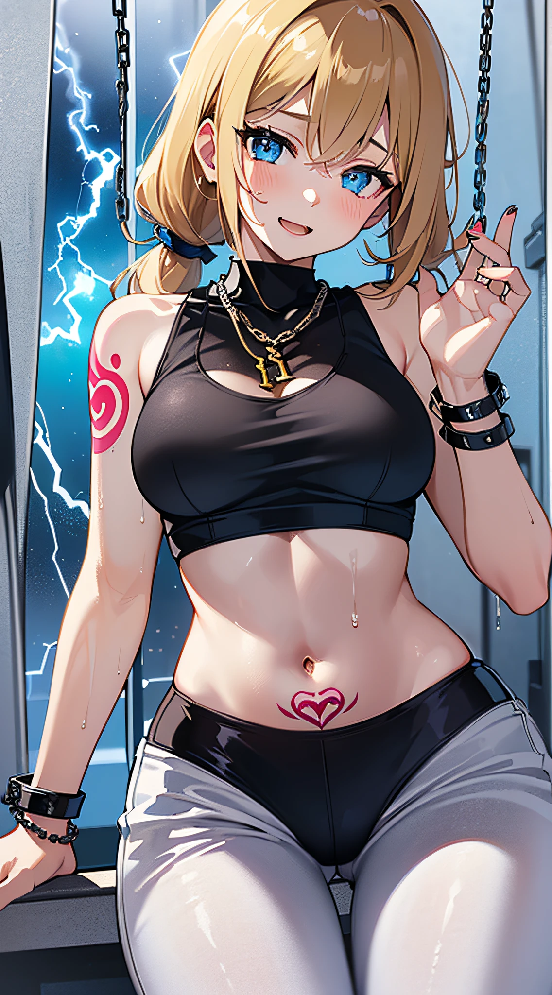 top-quality、Top image quality、masterpiece、girl with((18year old、Tattoo of the heart symbol on the right shoulder、Black Navel Tank Top、White pants、Best Bust、Bust 85、a blond、poneyTail、Blue eyes、open chest wide、Happiness、Chain Accessories、Black wristband on wrist、Raise your left arm、A slender、whole body Dripping wet、))hiquality、visualart、Background with((entranceway、Sateen、lightning bolt))、masutepiece、Depth(lightning bolt)