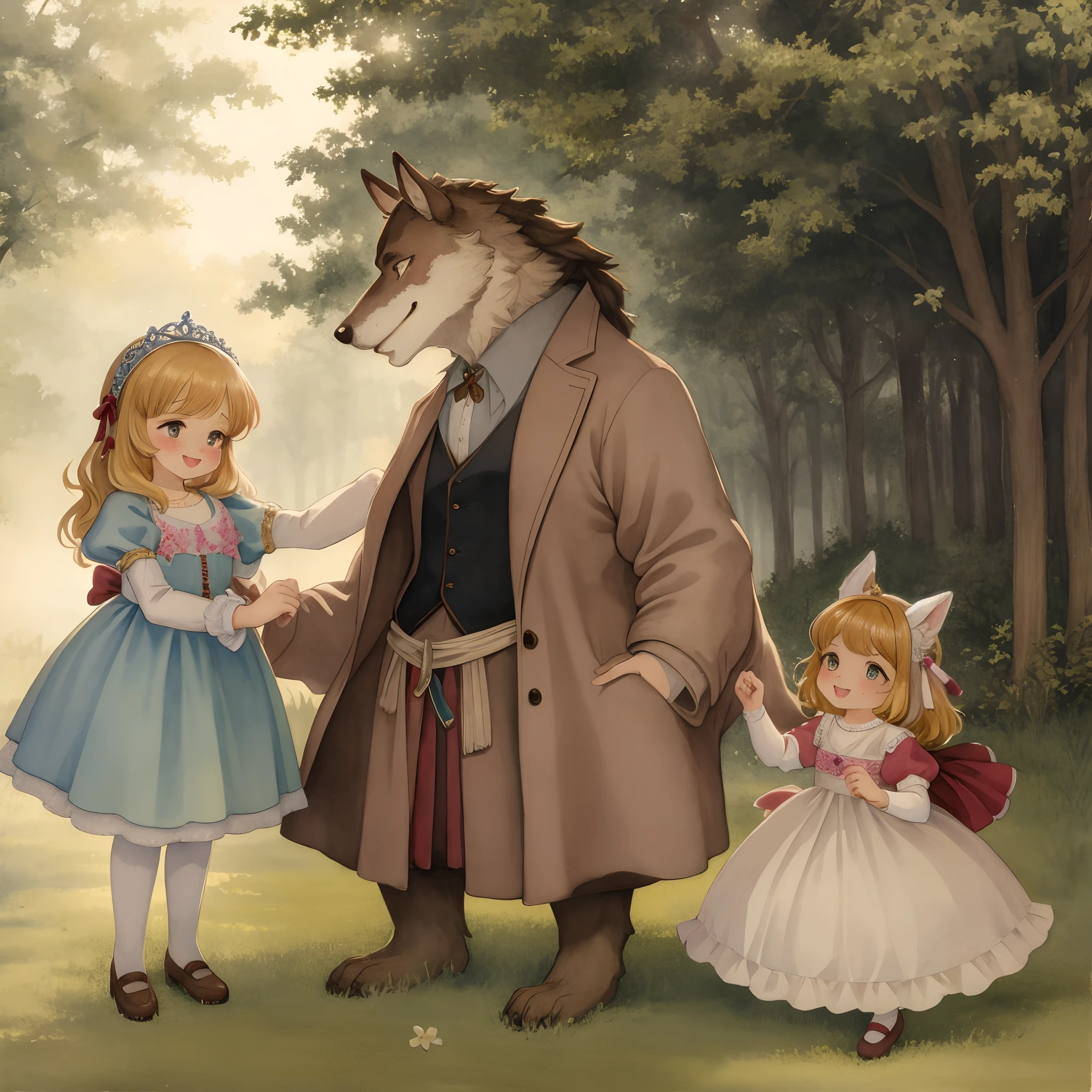 watercolor, soft color, Vintage images, highres, unparalleled masterpiece, absurdres, love story of human girl and giant Werewolf, love romance, The princess and the prince, family photograph, pair, Height difference, Physical difference, perfect anatomy, smile, joyful, play with, smile, happy, watercolor,