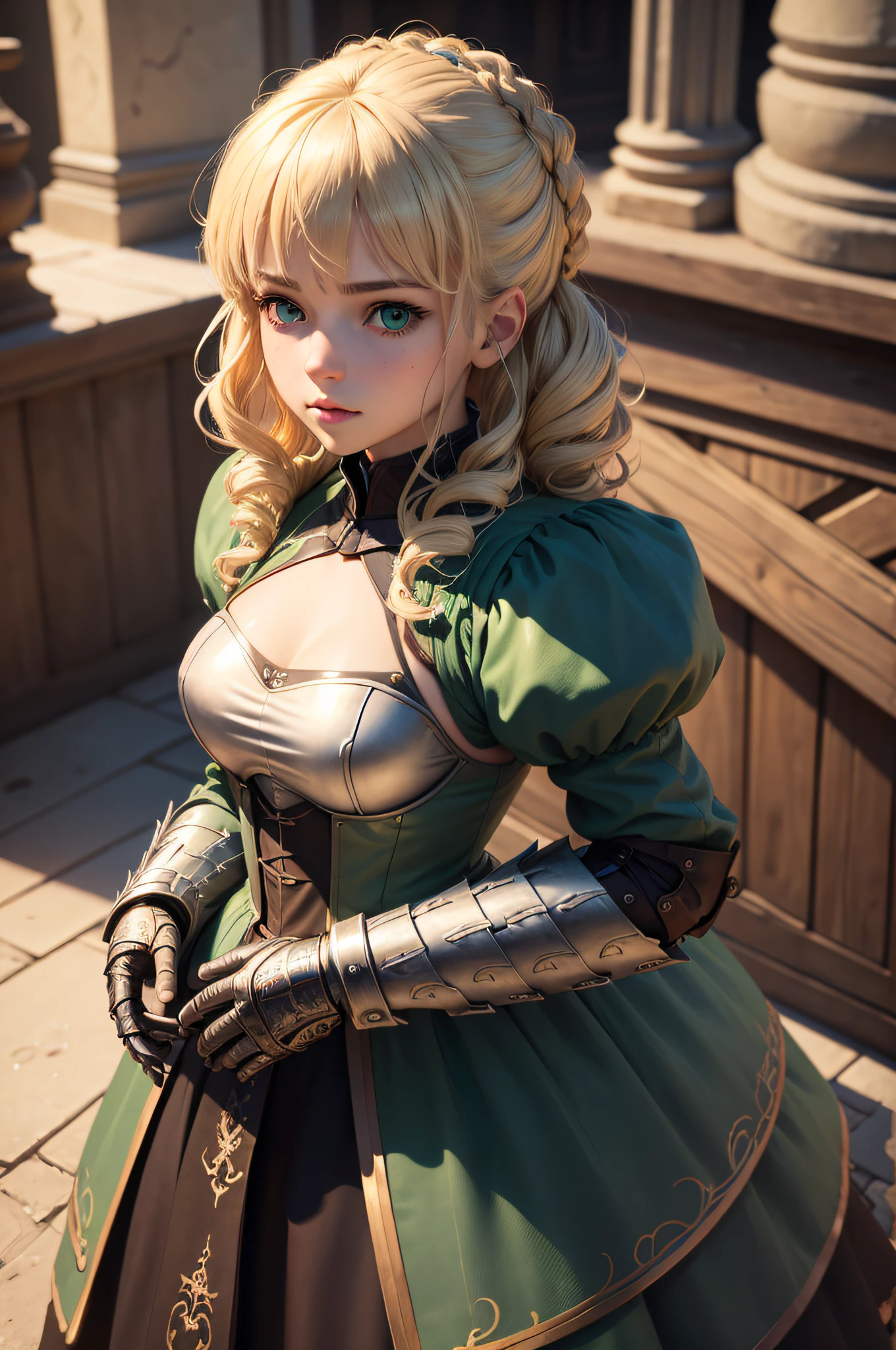 1girl, masterpiece, best quality, 8k, detailed skin texture, detailed cloth texture, beautiful detailed face, intricate details, ultra detailed, a european girl, green eyes, blonde curly hai, 3D character, Medieval Knight