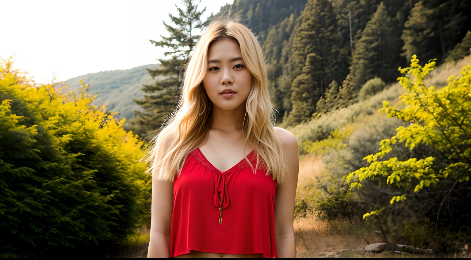 RAW photo, face portrait photo of Soo-Hyun Sang as a model , full body , red color clothes , model pose , cute face , blonde hairs , white skin , sexy red clothes ,as a model , don't looking at the camera , look right side , hard shadows, cinematic shot, dramatic lighting , in nature , as a fashion woman, new clothes , sexy red color clothes , posing , as a model