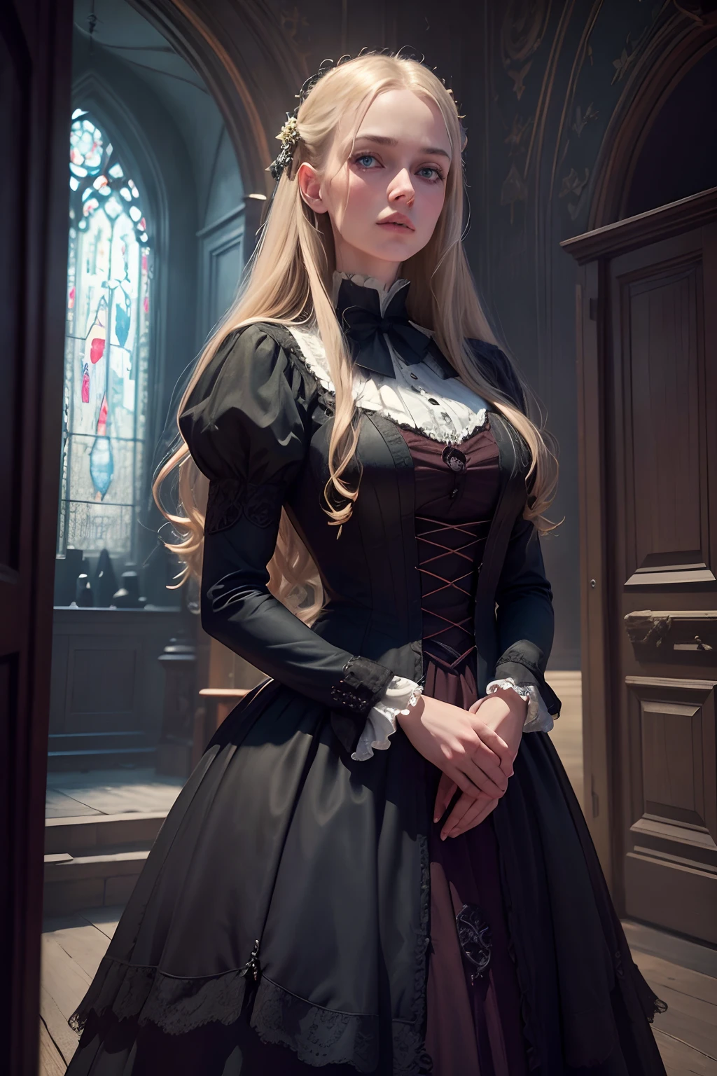 (best quality,4k,8k,highres,masterpiece:1.2),ultra-detailed,(realistic,photorealistic,photo-realistic:1.37),Virginia Otis, 15 years old (blond hair, blue eyes),thin,cute face,beautiful detailed eyes,beautiful detailed lips,extremely detailed eyes and face,long eyelashes,Victorian dark fantasy,walks at night in Canterville Castle,aged 1887,in a garden,moonlit scenery,whispering trees,dark shadows,haunting atmosphere,mysterious,gloomy,gothic vibes,antique architecture,eerie mood,dusty rooms,vintage furniture,dramatic lighting,cobblestone paths,engraved wooden doors,crimson velvet curtains,ornate chandeliers,old oil paintings,creaking floorboards,moonlight streaming through stained glass windows,secret passages,flickering candlelight,silence only broken by faint whispers,impression of ghostly presence,feeling of being watched,spine-tingling sensation,hidden secrets of the castle,spiritual realm,paranormal activities,unsettling atmosphere,haunted story.