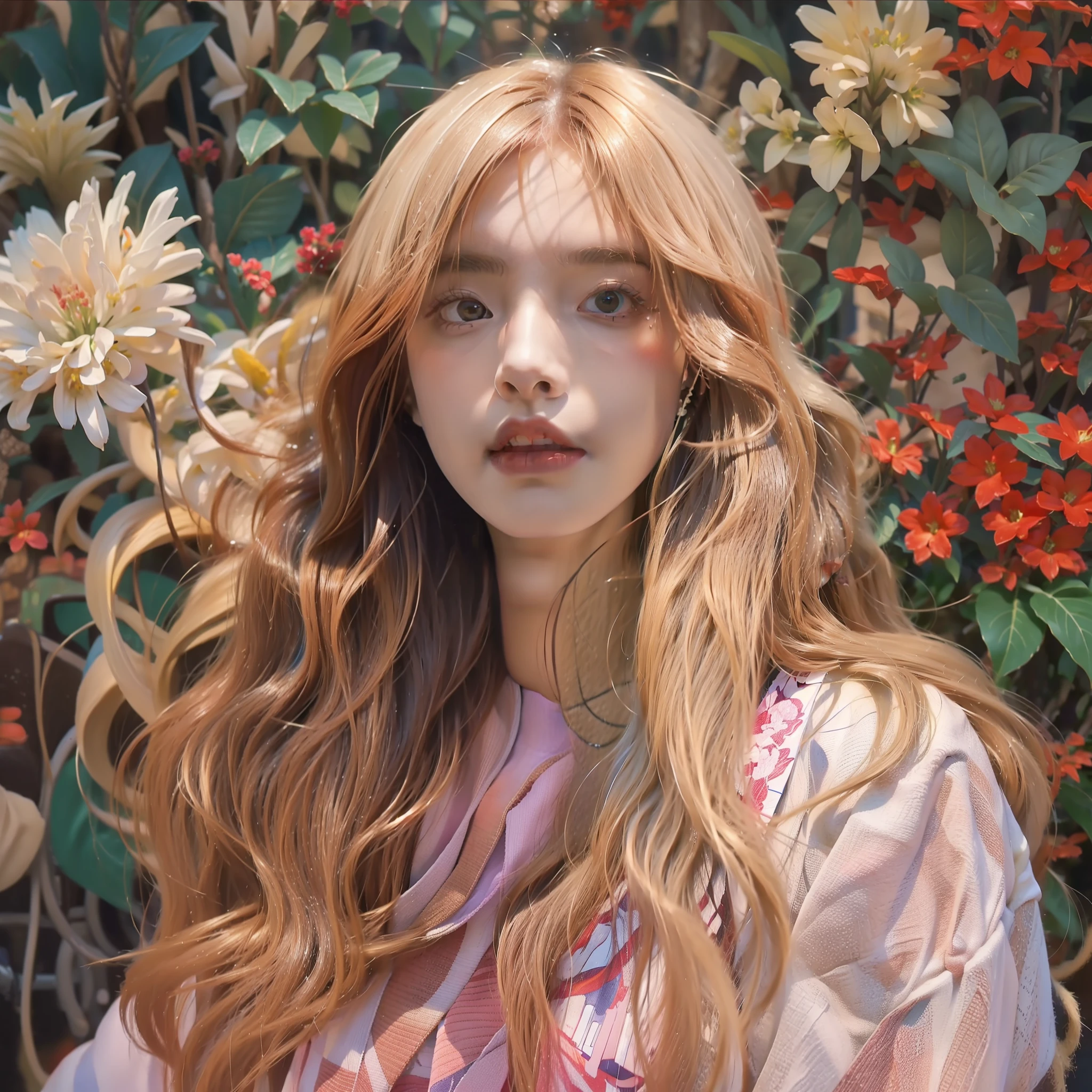 Surrealist portraits of women by David Hockney and Alphonse Mucha,Fantasyart,photographrealistic,动态照明,art stations,poster for,Volumetriclighting,Very detailed faces,4 k'',Award-Awarded,,1girll,in the darkness nigth,deep shading,low tune,White floral dress,(formal outfit:1.4),long whitr hair,Brownish-red hair,simple but elegant,Golden background atmosphere