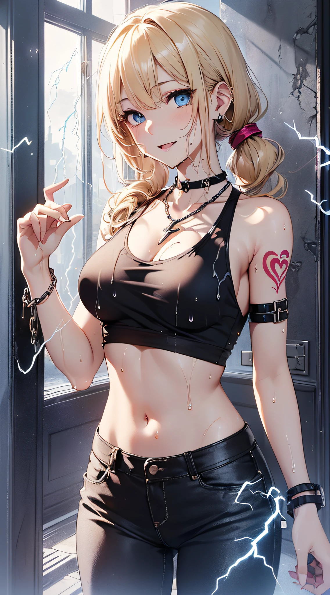 top-quality、Top image quality、masterpiece、girl with((18year old、Tattoo of the heart symbol on the right shoulder、Black Navel Tank Top、White pants、Best Bust、Bust 85、a blond、poneyTail、Blue eyes、open chest wide、Happiness、Chain Accessories、Black wristband on wrist、Raise your left arm、A slender、whole body Dripping wet、))hiquality、visualart、Background with((entranceway、Sateen、lightning bolt))、masutepiece、Depth(lightning bolt)