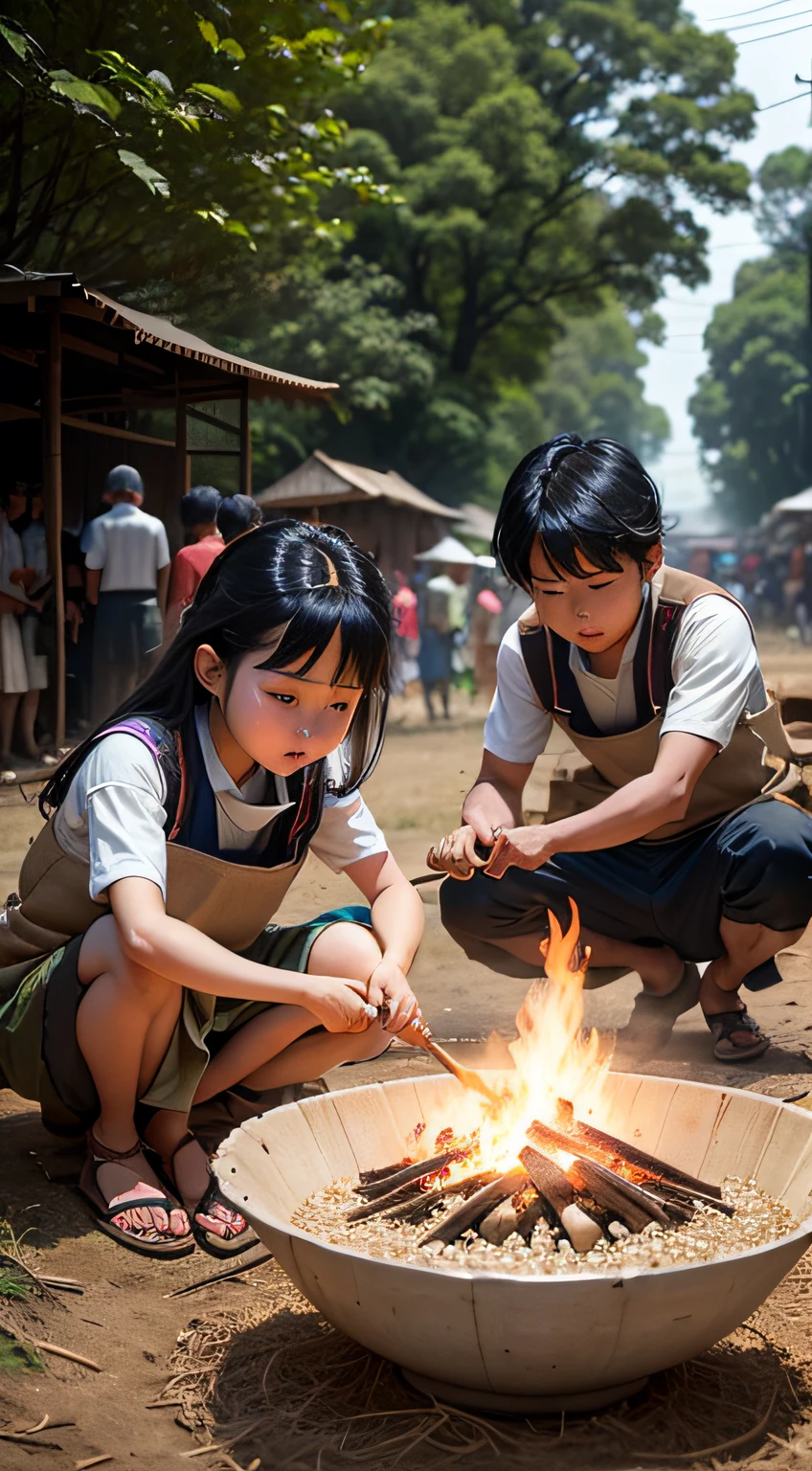 Rice Blow Festival (consists of many boys and girls gathered together, Girls carry a fire to cook rice in a bowl, The boys followed the girls)