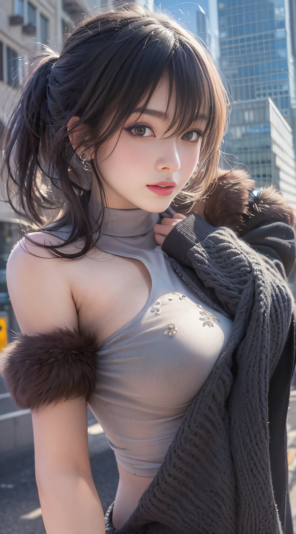 (UHD, retina, masterpiece, accurate, anatomically_correct, textured_skin, super_detail, high_details, high_quality, best_quality, high_res, 1080P, HD, 4K, 8k, 16k), (beautiful_detailed_eyes, beautiful_detailed_lips, extremely_detailed_eyes_and_face), soft_lighting, physically-based_rendering, vivid_colors, (large_breasts, glamorous_body:1.5), (shiny_hair, shiny_skin, tanned_skin, blush), (bangs:1.5), eye_reflection, (bokeh, simple_background), (fur_clothes, knit, smile_and_laugh:1.5), (profile:1.37),