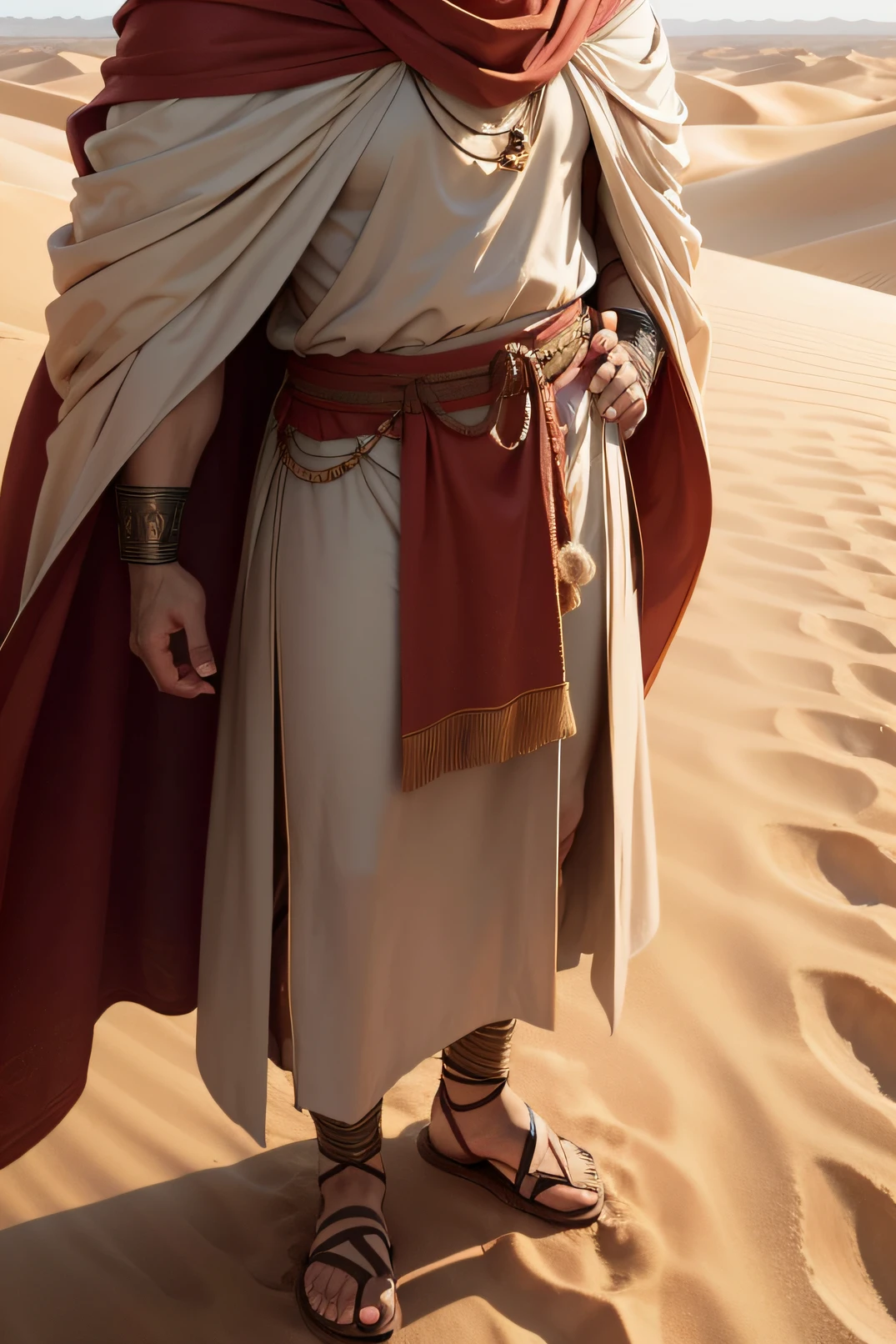 Close-up portrait of a man in Roman war robes standing on a desert dune, reflexo de lente, sandals, bandana