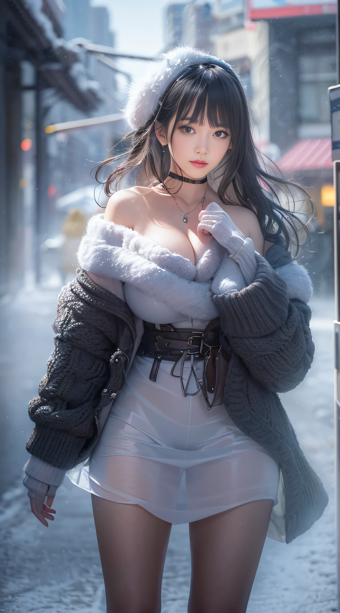 masterpiece,best quality,(photorealistic:1.4),(ultra detailed:1.3),(full body:1.4),(in winter:1.3),1girl,huayan,bare shoulders,solo,(see-through:1.2),(standing:1.2),(barefoot:1.2),(huge breasts:1.2),(sunlight:1.1),(city:1.3),(street:1.4),(outdoors:1.3),unity 8k wallpaper,blunt bangs,black hair,1girl,solo,