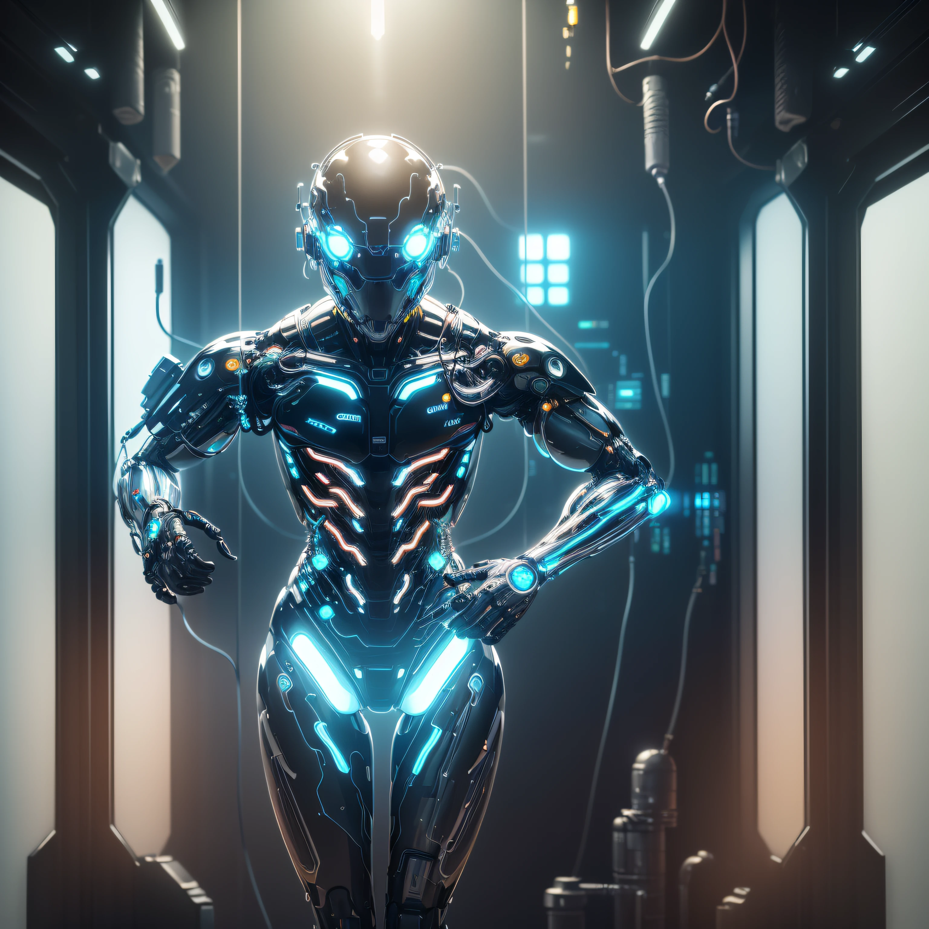 (Cinematic Photo, Maximum realism), (CG 8k wallpapers are extremely detailed, Masterpiece, Best Quality, Ultra-detailed), ((Transparent cyborg made of transparent plastic, All internal parts and mechanism are visible, Prominent glowing wires, Bright neon liquid flows through transparent tubes, Humanoid cyborg)), ((There is a large window in the background, in which the Steel Forest is visible))