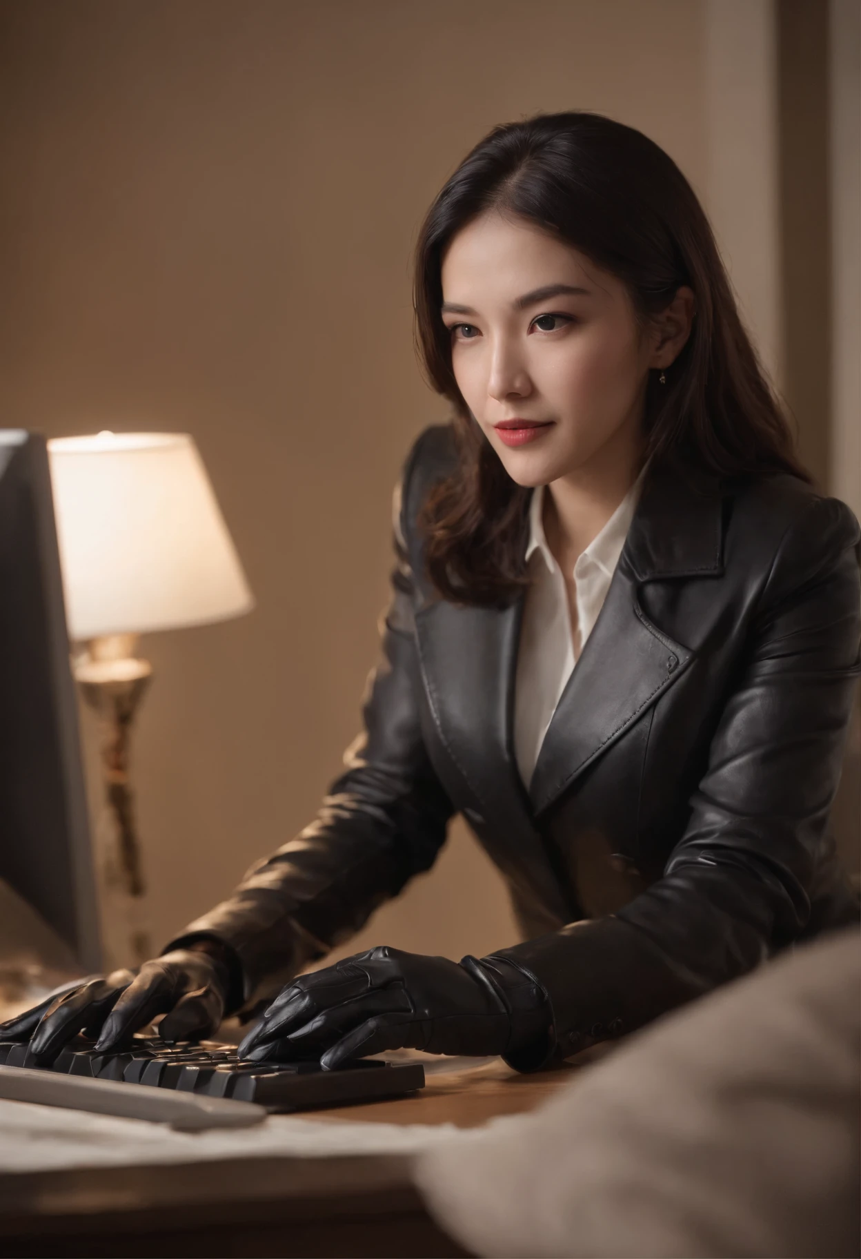 Wearing black leather gloves in both hands, upper body, black business suit, facing the desk in my room with a computer in the dark, tapping the keys of the computer keyboard with the fingertips of black leather gloves while looking at the screen, black hair bundled in the back for a long time, Japanese female new employee (black leather gloves cover both hands) (angle is in the front)
