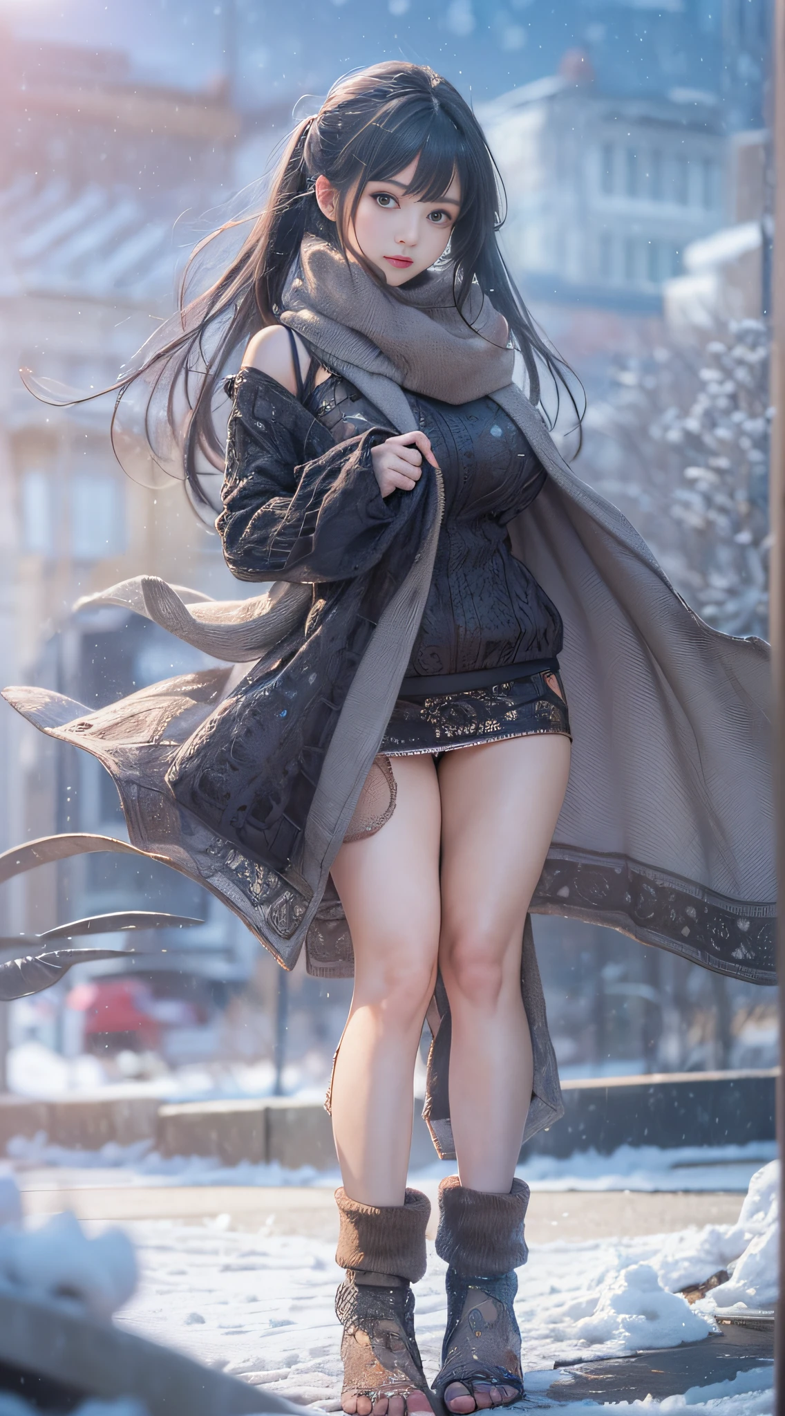masterpiece,best quality,(photorealistic:1.4),(ultra detailed:1.3),(full body:1.4),(in winter:1.3),1girl,huayan,bare shoulders,solo,(see-through:1.2),(standing:1.2),(barefoot:1.2),(huge breasts:1.2),(sunlight:1.1),(city:1.3),(street:1.4),(outdoors:1.3),unity 8k wallpaper,blunt bangs,black hair,1girl,solo,