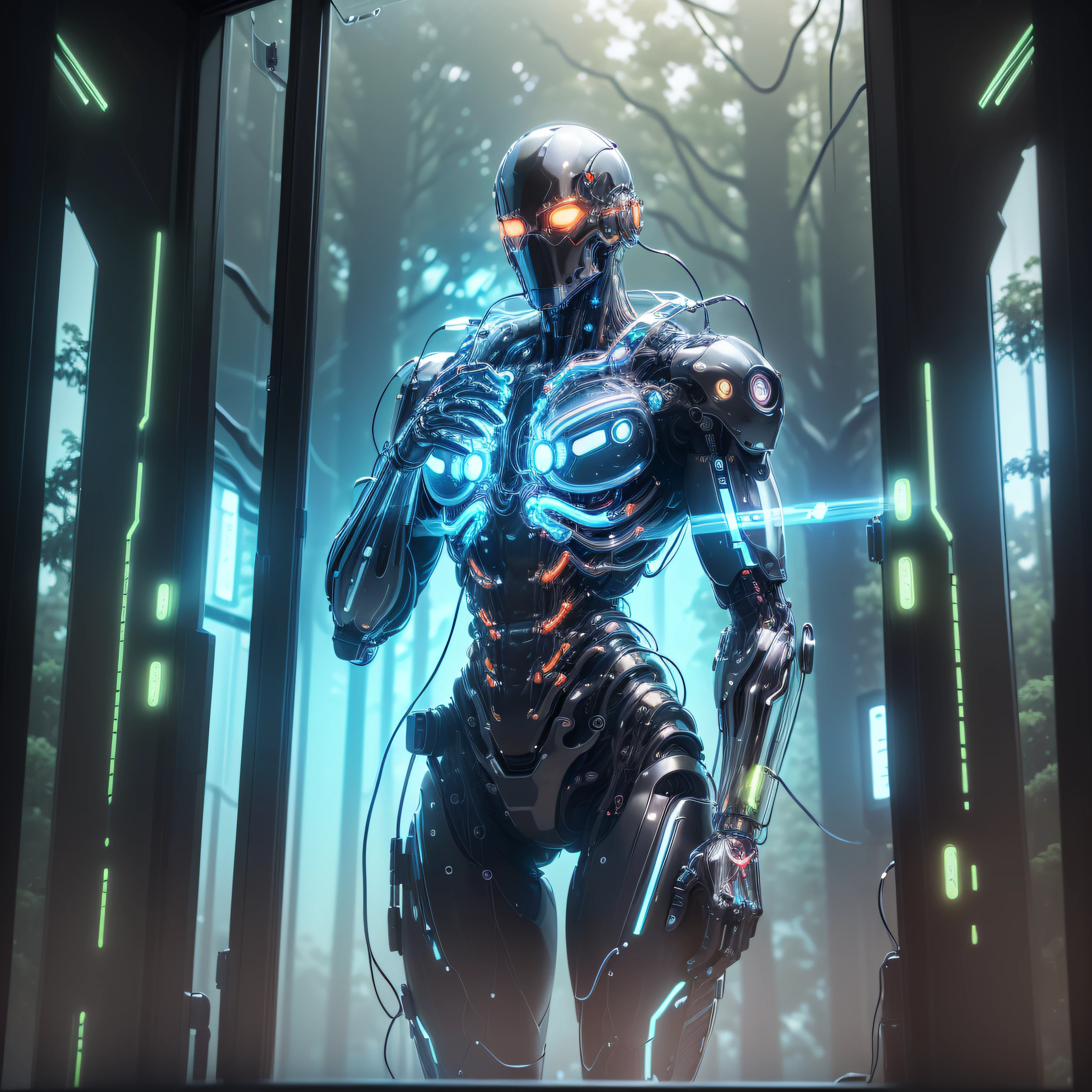 (Cinematic Photo, Maximum realism), (CG 8k wallpapers are extremely detailed, Masterpiece, Best Quality, Ultra-detailed), ((Transparent cyborg made of transparent plastic, All internal parts and mechanism are visible, Prominent glowing wires, Bright neon liquid flows through transparent tubes, Humanoid cyborg)), ((There is a large window in the background, in which the Steel Forest is visible))