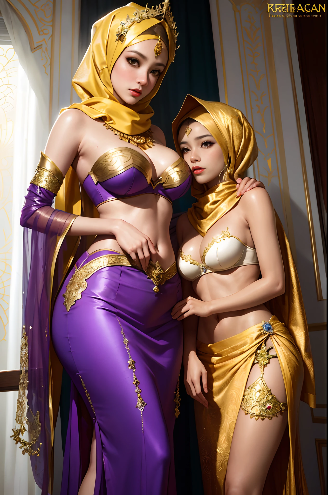 two women in costumes are posing for a picture in a room, arabian princess, wlop and sakimichan, wlop and artgerm, arabian nights inspired, ig model | artgerm, artgerm and wlop, in style of artgerm, artgerm and genzoman, ruan jia and artgerm