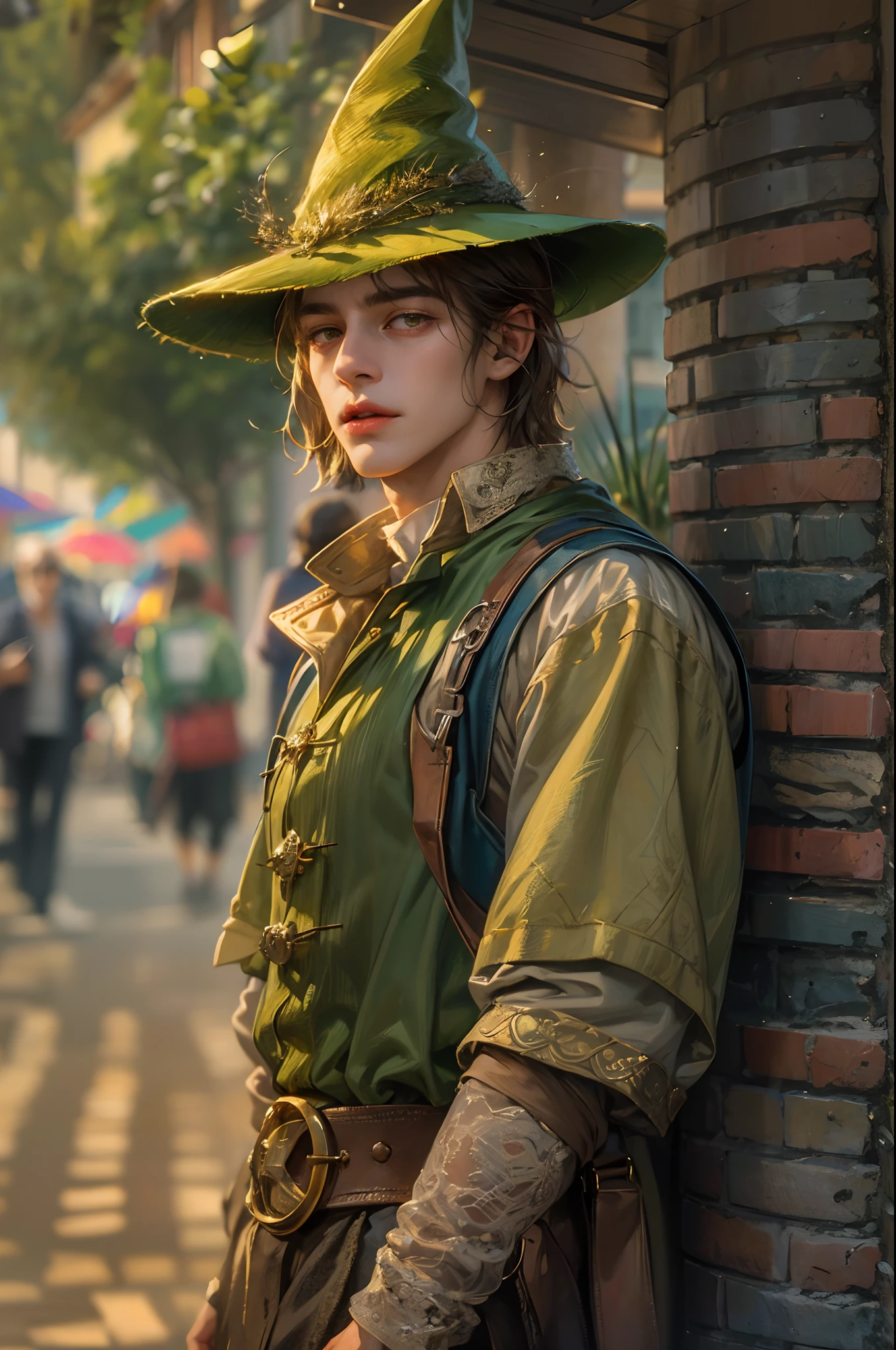(absurdres, highres, ultra detailed, HDR), masterpiece, best quality, wizard of oz character, handsome young hero wearing detailed hat, detailed face, handsome face, strolling at the town , detailed character, detailed outdoor