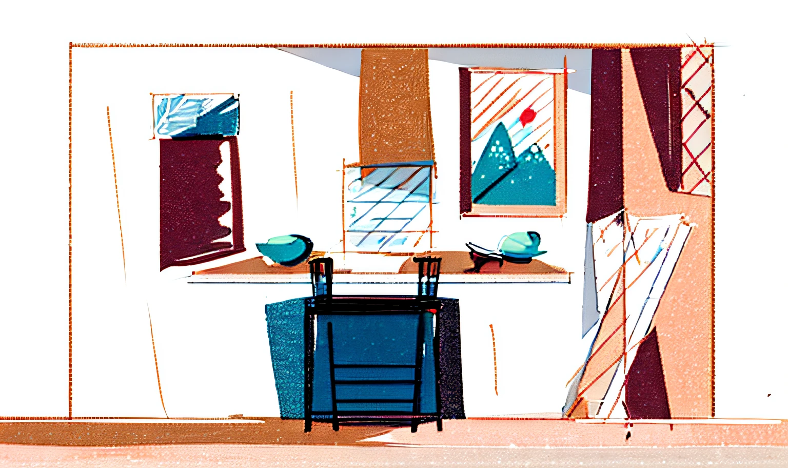 um desenho de uma mesa com uma cadeira e um espelho, hand drawn animation, animatic, hand - drawn animation, keyframe illustration, quadro-chave, Storyboard, Storyboarding, sketched 4k, arte conceitual para um videogame, animation illustrative style, animation still, rough sketch, DESENVOLVIMENTO VISUAL, Formato do Storyboard, estabelecendo tiro, cenografia