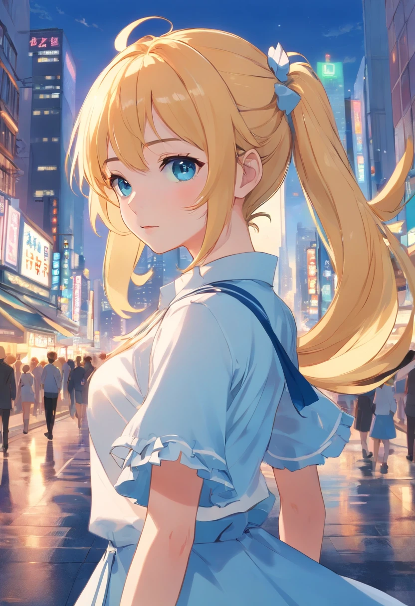 Golden hair,double ponytail curls,blue color eyes,White ta,Beth,Bustling cityscape