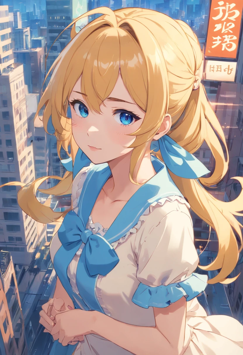 (masterpiece),(best quality),(ultra-detailed),(best illustration),(best shadow),(absurdres),(detailed background),(very aesthetic), meguru hachimiya, 1girl, blonde hair, skirt, solo, blue eyes, hair ornament, smile, plaid, breasts, twintails, plaid skirt, hairclip, looking at viewer, shirt, long hair