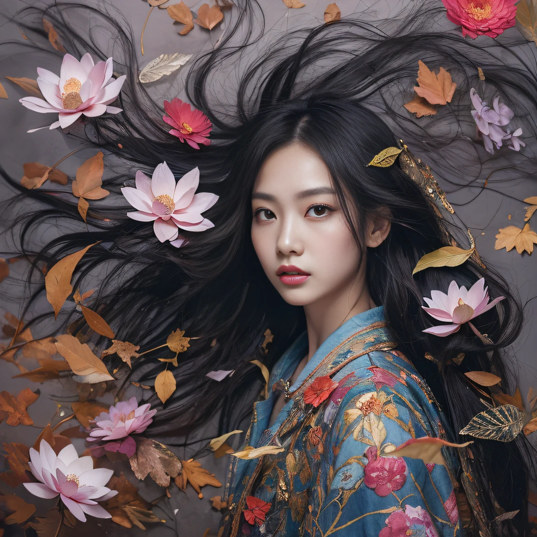 32K(tmasterpiece,k hd,hyper HD,32K)Long flowing black hair,ponds,zydink, a color, Aozhou people (Concubine girl), (Purple silk scarf), Combat posture, looking at the ground, long whitr hair, Floating hair, Carp pattern headdress, Chinese long-sleeved clothing, (Abstract gouache splash:1.2), Pink petal background,Pink and white lotus flowers fly(realisticlying:1.4),Black color hair,Fallen leaves flutter,The background is pure, A high resolution, the detail, RAW photogr, Sharp Re, Nikon D850 Film Stock Photo by Jefferies Lee 4 Kodak Portra 400 Camera F1.6 shots, Rich colors, ultra-realistic vivid textures, Dramatic lighting, Unreal Engine Art Station Trend, cinestir 800,Long flowing black hair,Denim skirt
