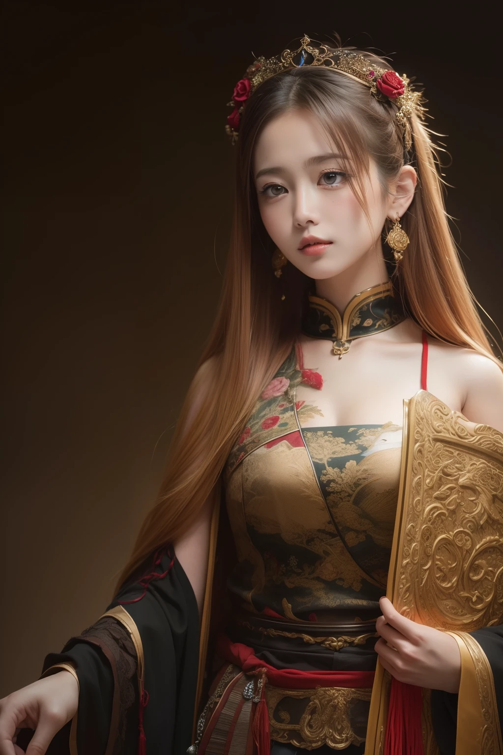 (Raw photo, Best Quality), (Realistic, Photorealsitic:1.3),Best Quality,Highly detailed,masutepiece,Ultra-detailed,Illustration,1girl in,The upper part of the body_Body,Dynamic Angle,world masterpiece theater,Messy_long_hair,Best Quality,the Extremely Detailed CG Unity 8K Wallpapers,inky,amazing,Cinematic lighting,lens_f lare, dunhuang_Style
