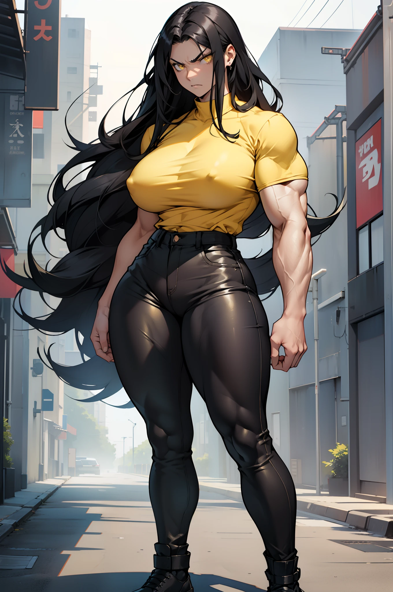 solo, ((((1 girl)))), very long hair, black hair, angry, yellow eyes, (((((muscular))))), (huge tits), (thick thighs), (wide hips), (full body), pale skin, (tight shirt), (tight pants), standing, slick hair