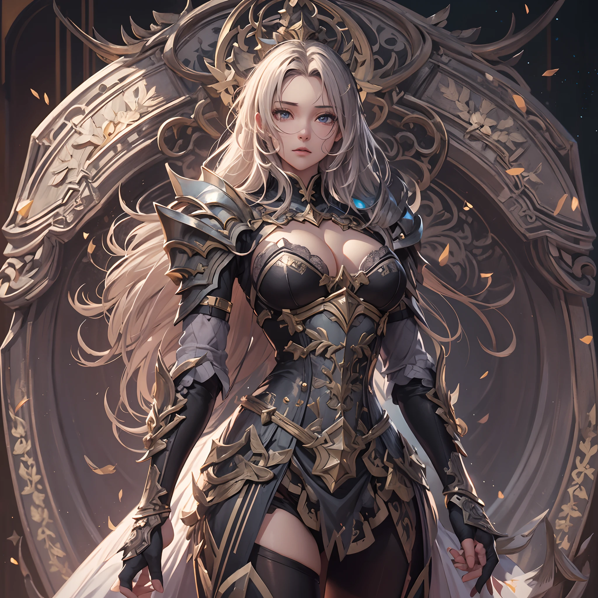((Masterpiece, Highest quality)), Detailed face, CharacterDesignSheet， full bodyesbian, Full of details, Multiple poses and expressions, Highly detailed, Depth, Many parts，Beautiful paladin girl，holding a shield，Extremely beautiful，High Balance, Natural light, Lace，lacepantyhose，black in color，starrysky，Star decoration