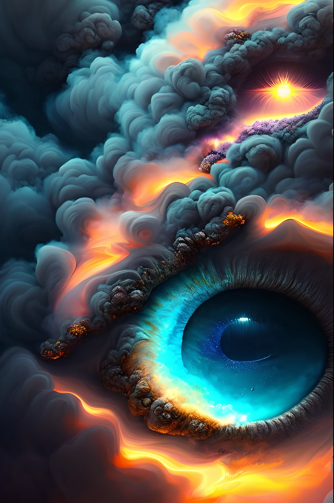 eye in the middle of a cloud of volcano smoke, Volcano erupting with eye on top, tons de azul, arte digital inspirada em Cyril Rolando, surrealismo, Portrait of a giant eye in the smoke of a volcano, mystic eye, nuvem de fumo com um olho, surrealismo