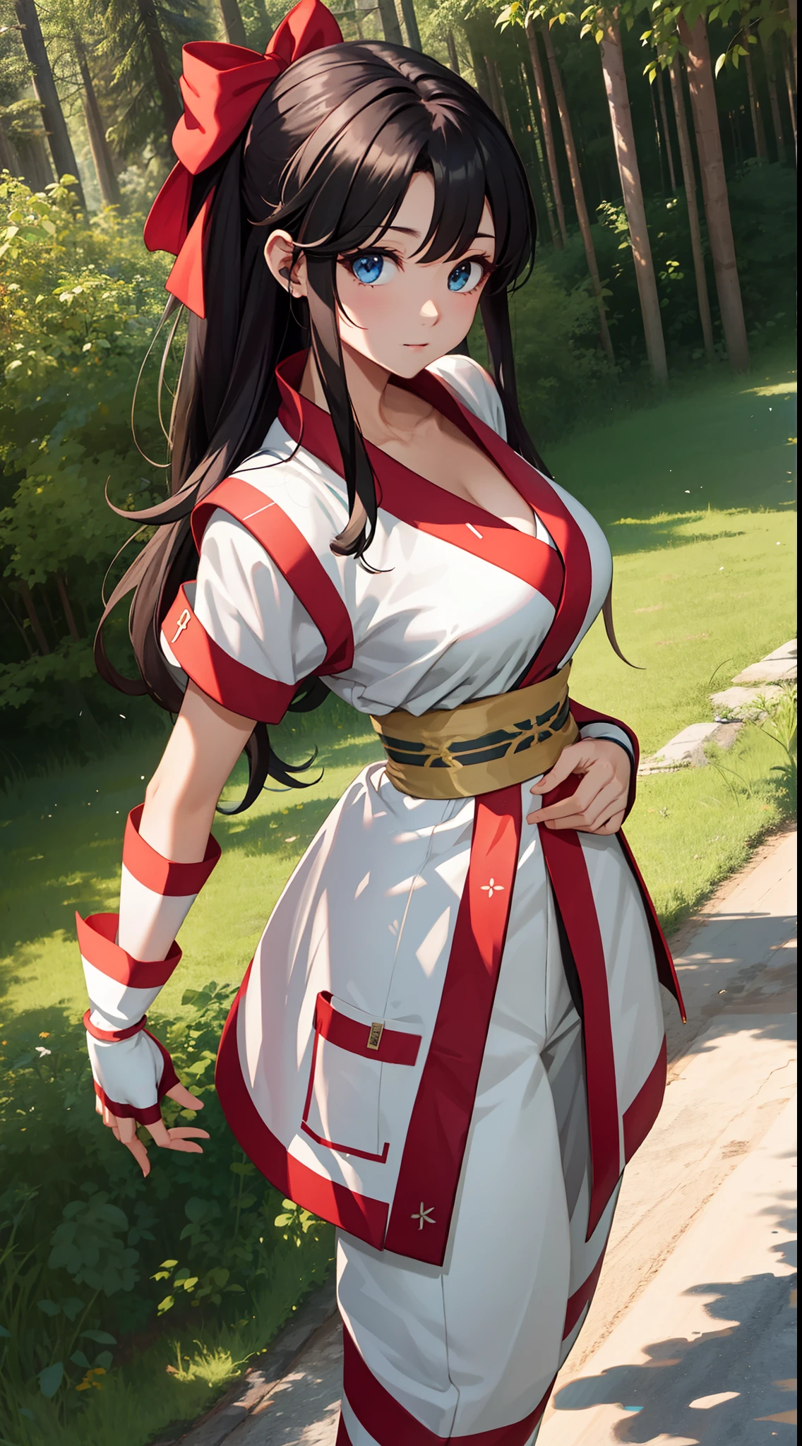 （tmasterpiece，best qualtiy，A high resolution，Large breasts，（cleavage:1.3)，统一 8k 壁纸，Extremely detailed CG：1），（illustratio：1.0），1girll，Solo，nakorurums，Bow knot，shairband，Ainu clothes，Fingerless gloves，short- sleeved