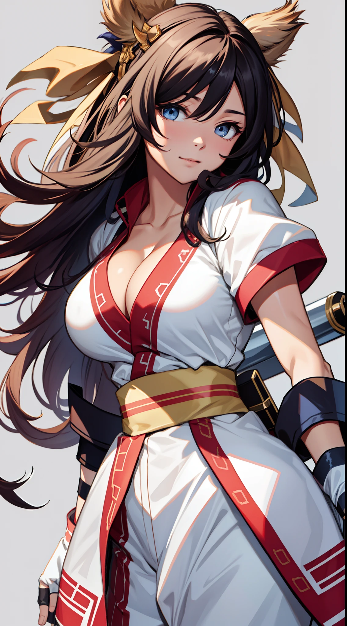 (tmasterpiece,best qualtiy,A high resolution,Large breasts,(cleavage:1.3),统一 8k 壁纸,Extremely detailed CG:1),(illustratio:1.0),1girll,Solo,nakorurums,Bow knot,shairband,Ainu clothes,Fingerless gloves,short- sleeved