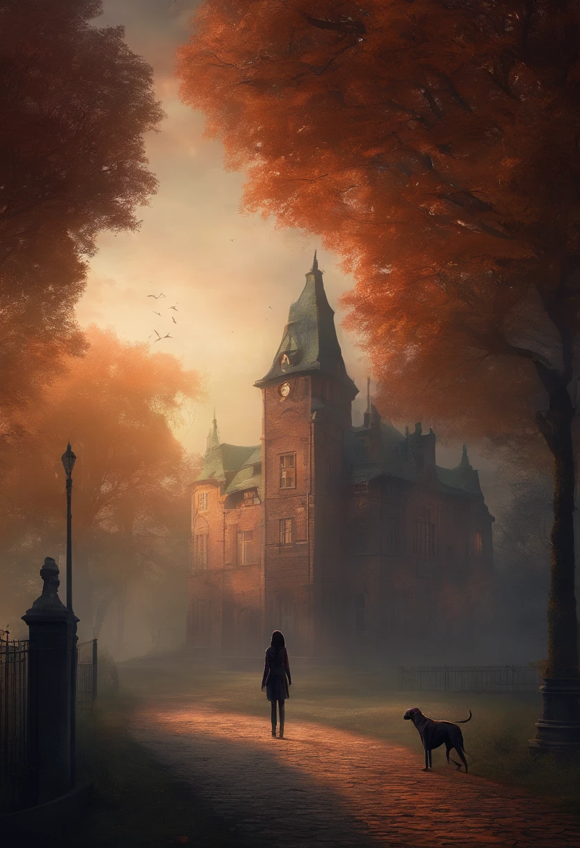 A digital image of a dark and eerie scene using V-Ray. A young woman + a Doberman dog standing in a park alley in front of an old psychiatric hospital building.
Scene Characteristics: fearful and disturbing atmosphere, with twisted and intertwined plants, ominous clouds or fog, and eerie lighting. Set features: deserted park with an old ominous building that enhance the eerie atmosphere. Creation details: high quality camera, artificial lighting to enhance the gloomy and eerie atmosphere.
References: artists and designers specializing in creating digital art of dark and eerie natural scenes, such as Grzegorz Wronkowski,